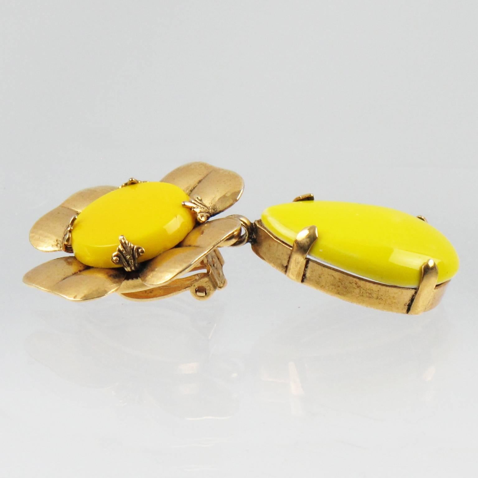 Zoe Coste Paris Daisy Flower Clip-on Earrings Yellow Glass & Ceramic Cabochon 2