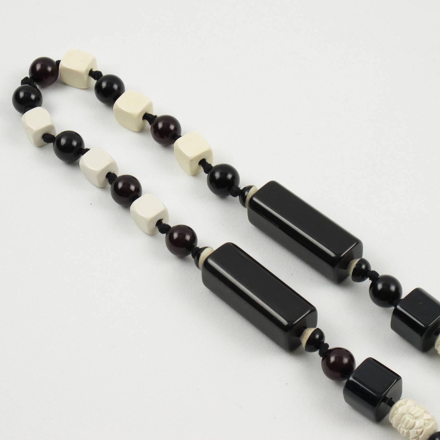 Bakelite Galalith Necklace Extra Long Shape Black & White Carved Beads 1