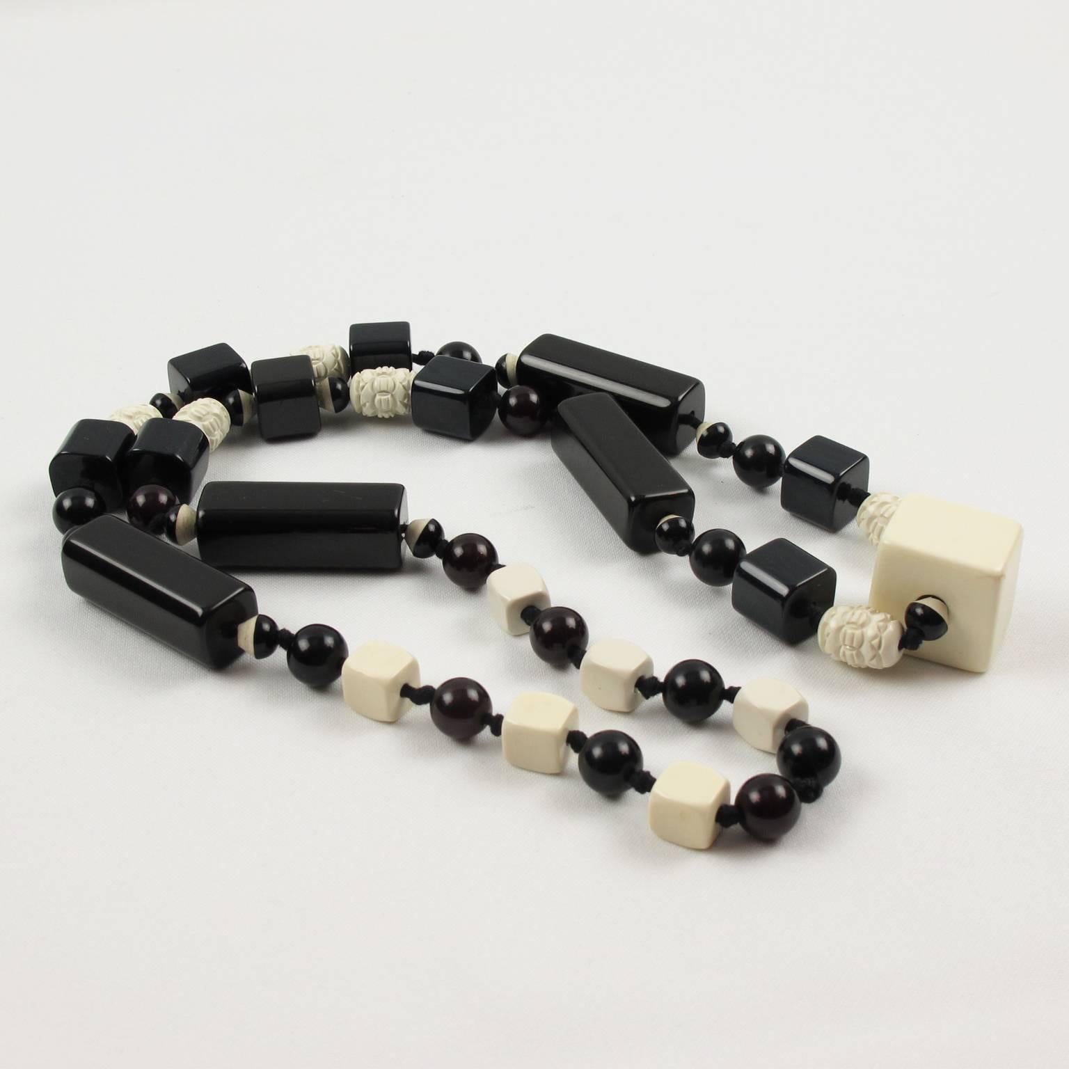 Bakelite Galalith Necklace Extra Long Shape Black & White Carved Beads 2