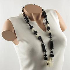 Bakelite Galalith Necklace Extra Long Shape Black & White Carved Beads