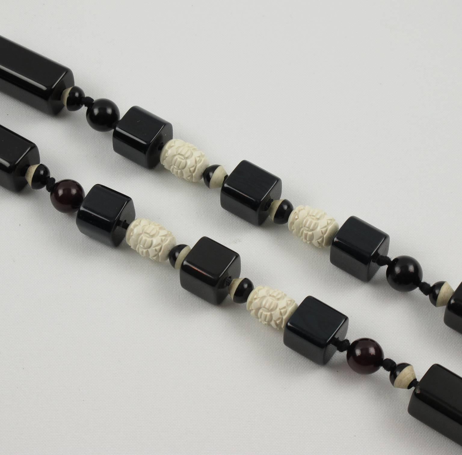 Women's or Men's Bakelite Galalith Necklace Extra Long Shape Black & White Carved Beads