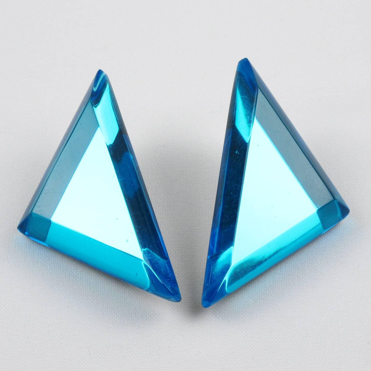 Modernist Oversized Blue Lagoon Lucite Clip on Earrings by Harriet Bauknight for Kaso