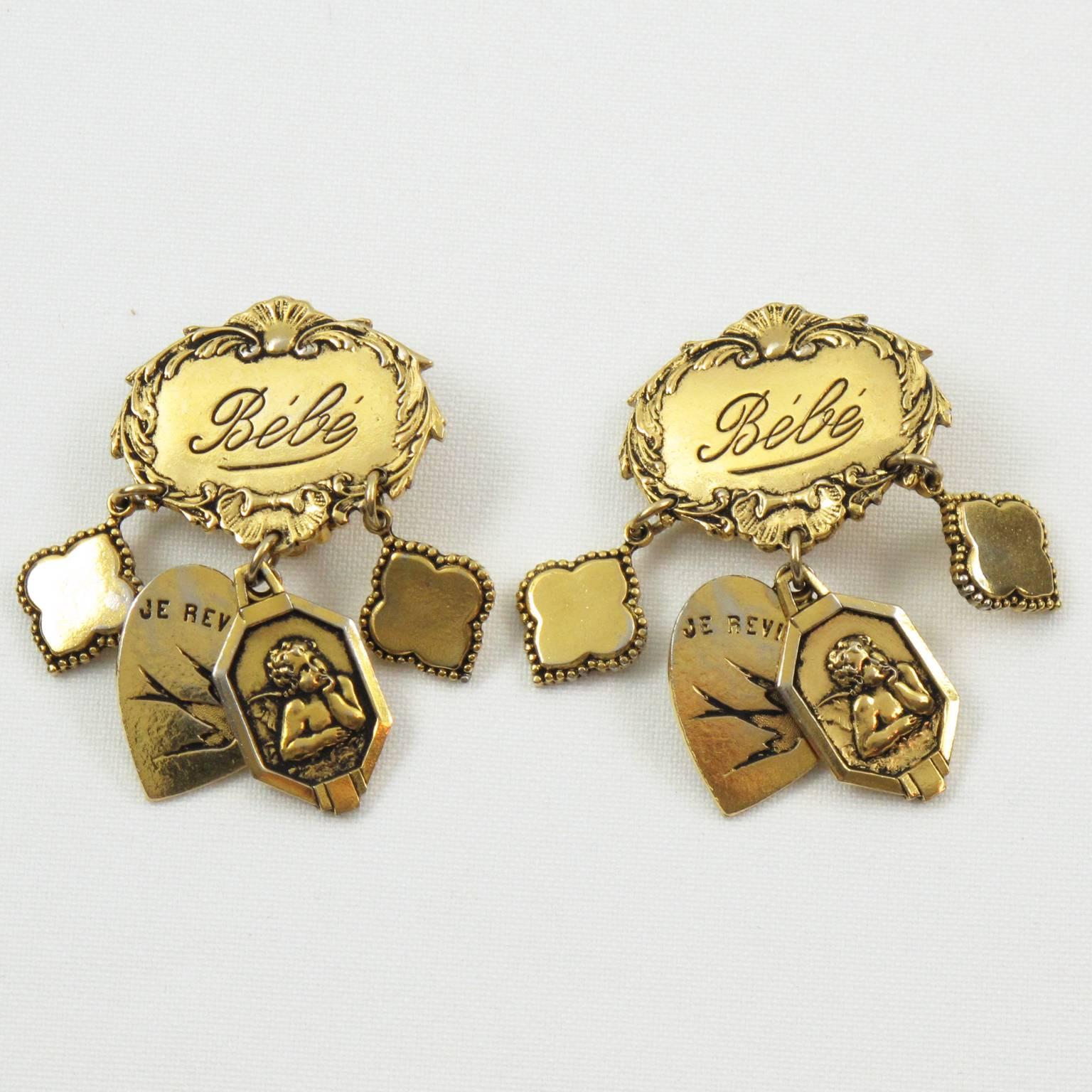 Zoe Coste Paris Romantic Dangling Clip on Earrings with Gilt Charms Medallion In Good Condition In Atlanta, GA