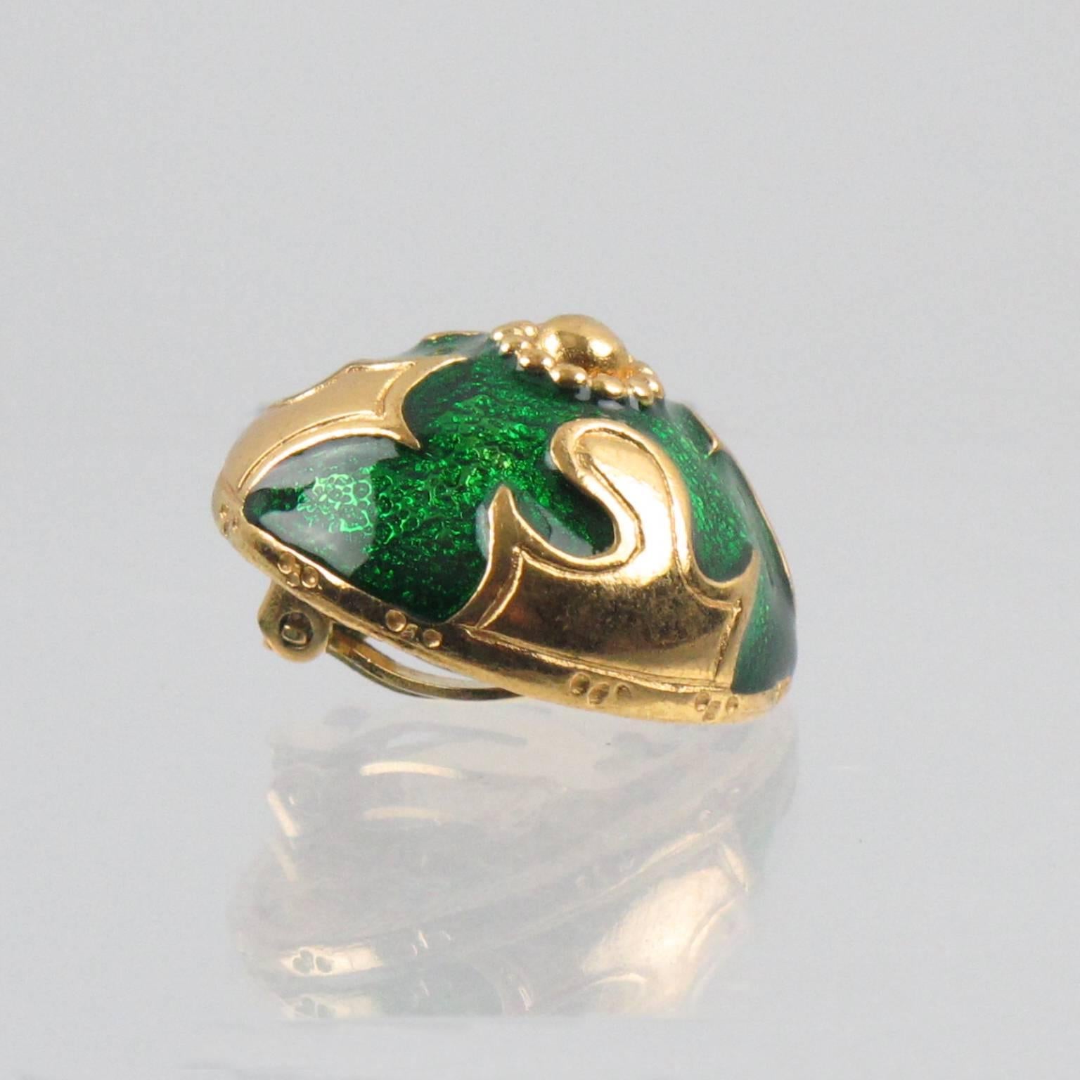 Yves Saint Laurent Paris clip on Earrings Gilt Metal Emerald Green Enamel 2