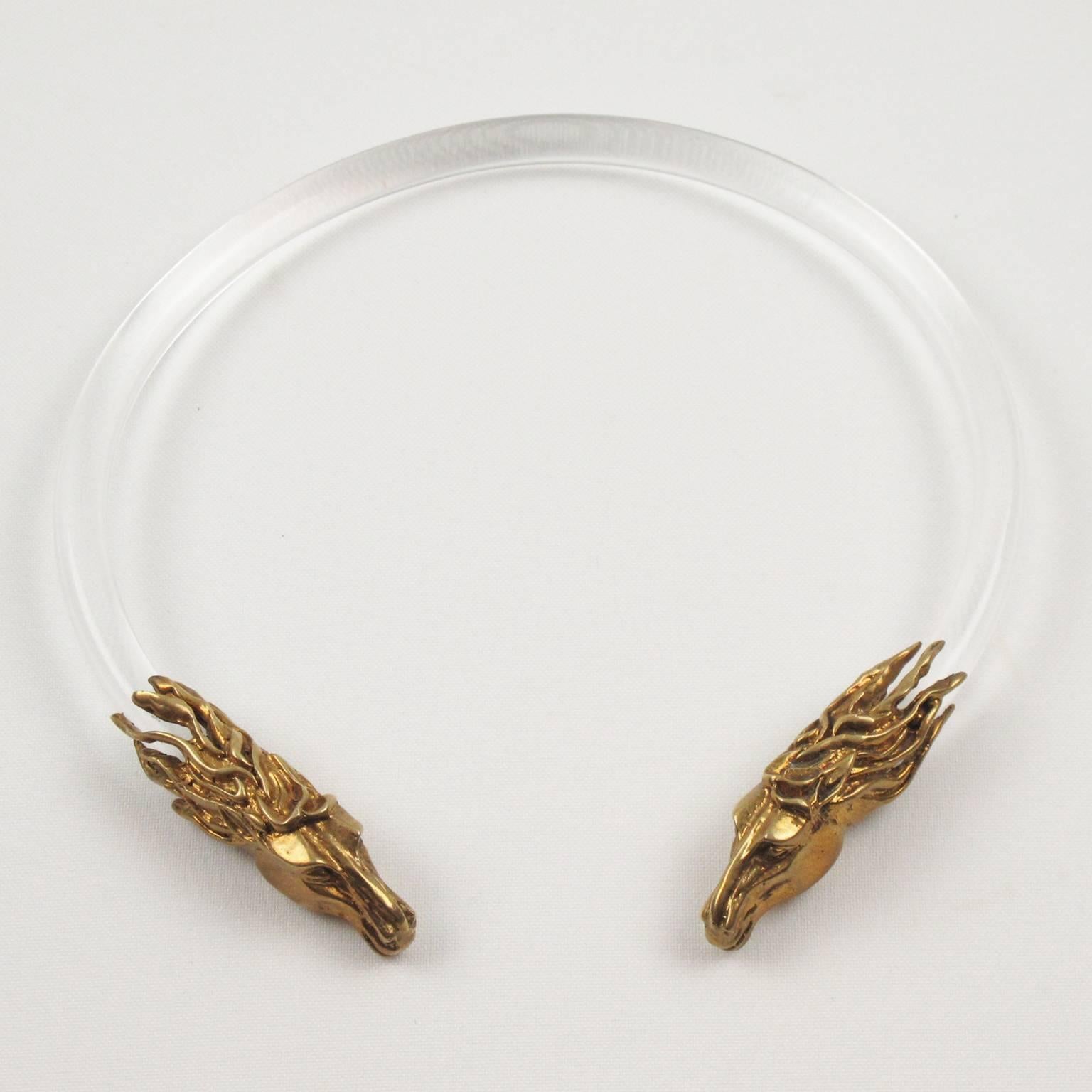 Women's or Men's French Artisan Designer Lucite Collar Necklace with Gilded Bronze Horse Head