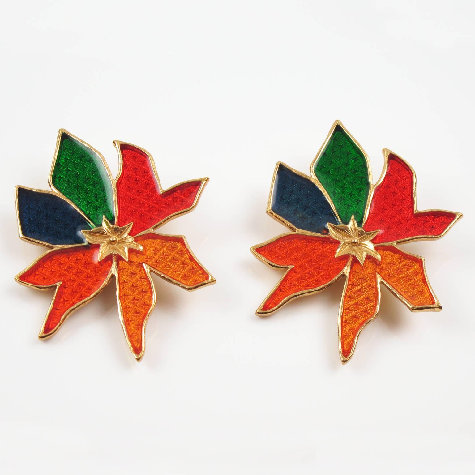 Jean Louis Scherrer Paris clip on Earrings Floral Shape with Multicolor Enamel In Excellent Condition In Atlanta, GA