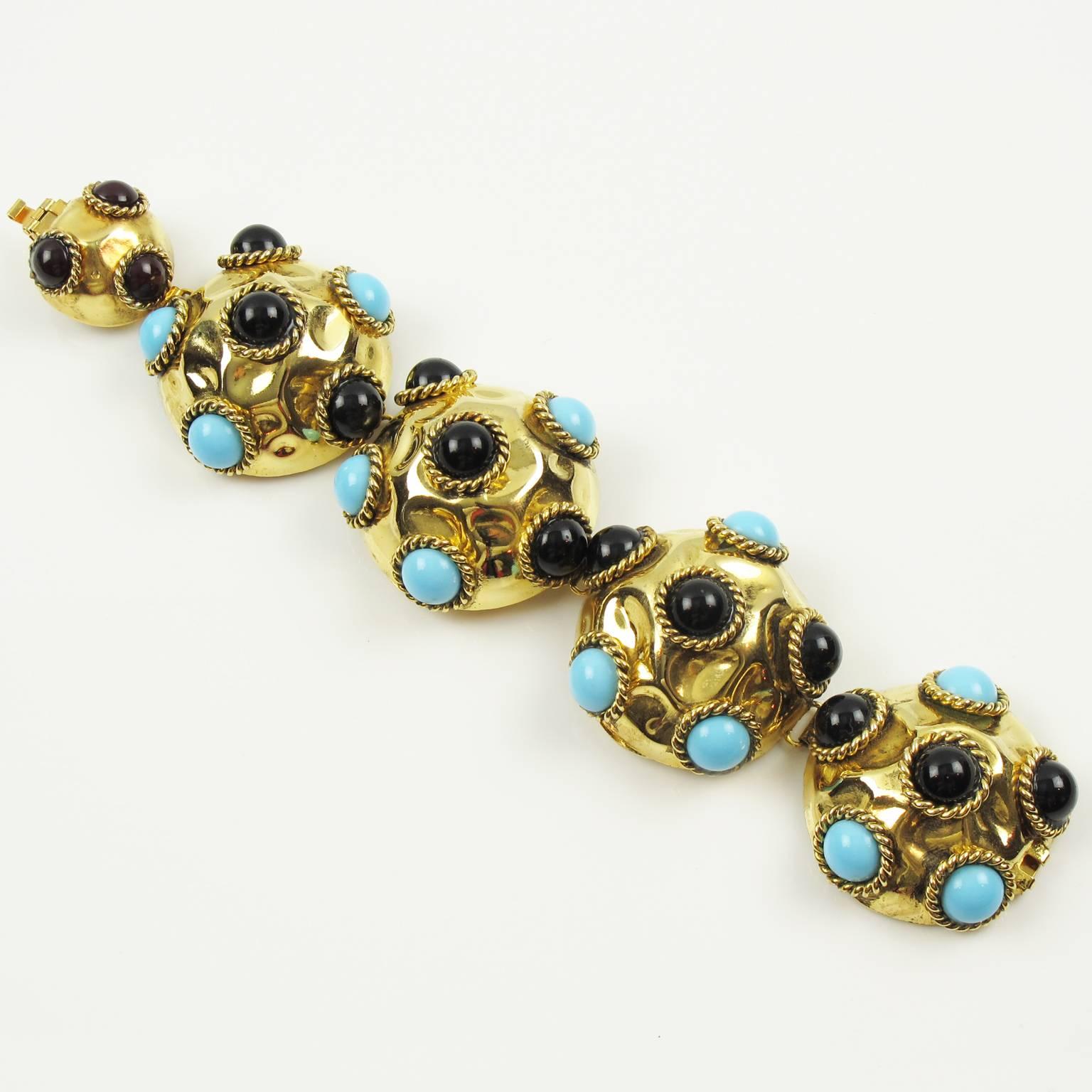 French Artisan Designer Jeweled Link Bracelet Resin & Poured Glass Cabochons In Excellent Condition In Atlanta, GA