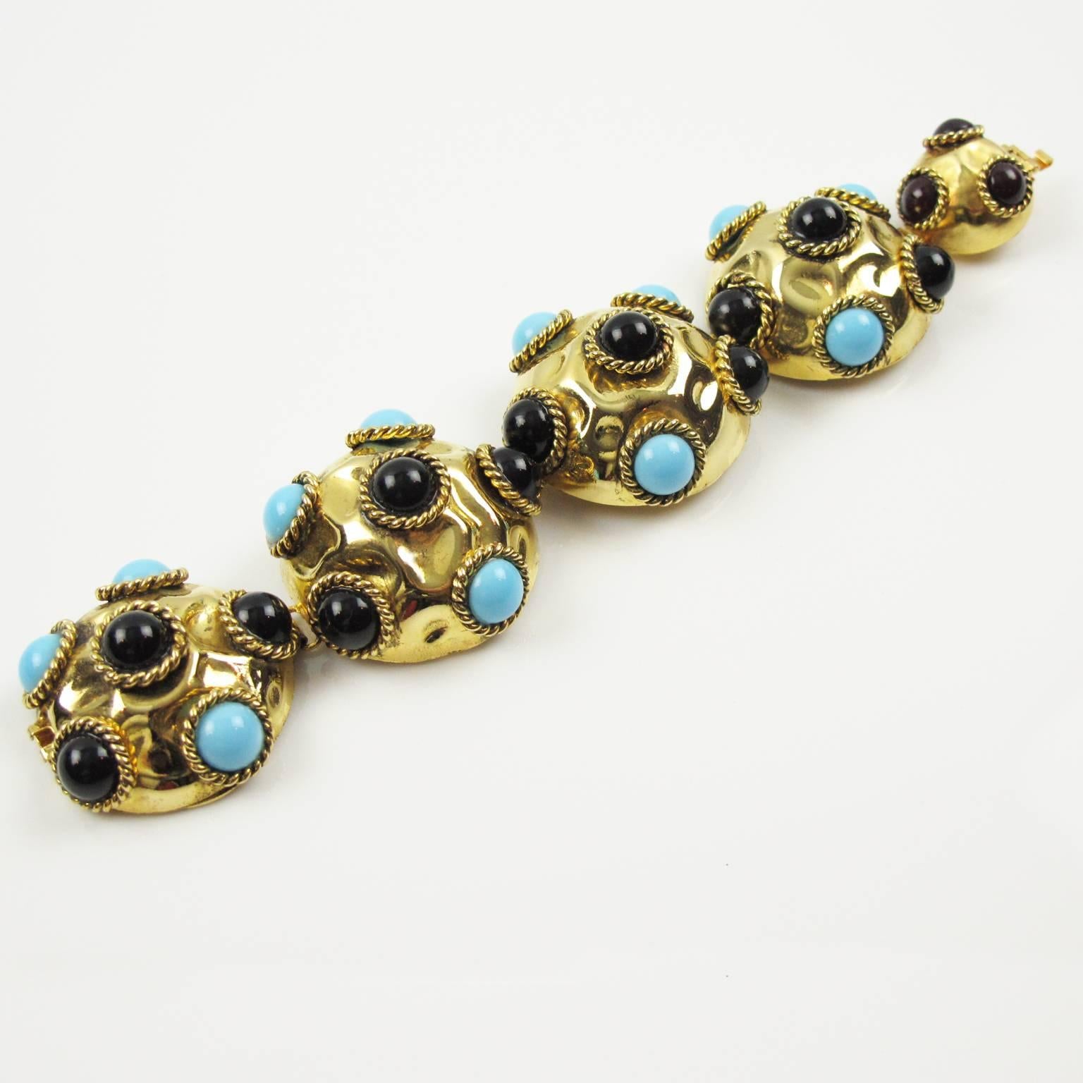 Modern French Artisan Designer Jeweled Link Bracelet Resin & Poured Glass Cabochons
