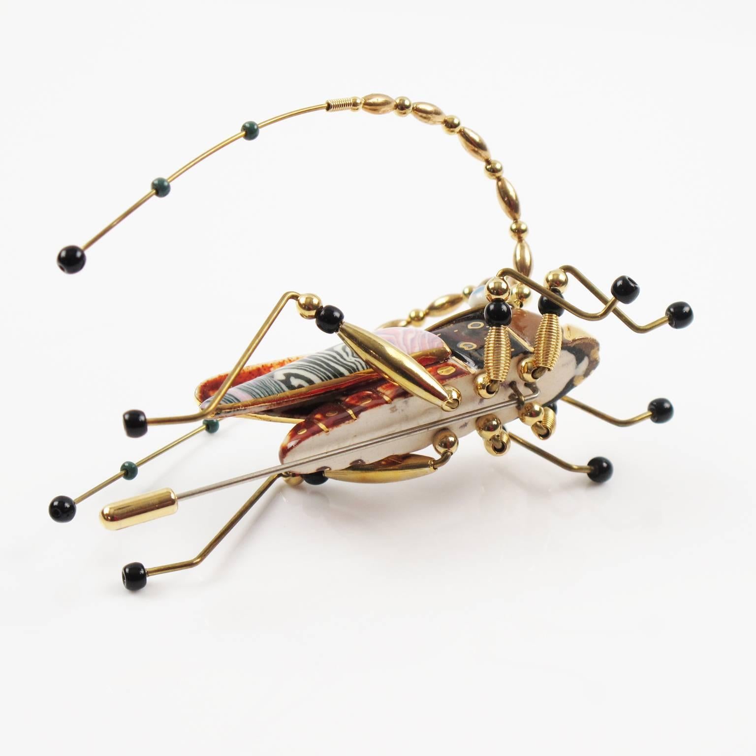 Enameled Porcelain Grasshopper Pin Brooch by Cynthia Chuang for Jewelry 10 1