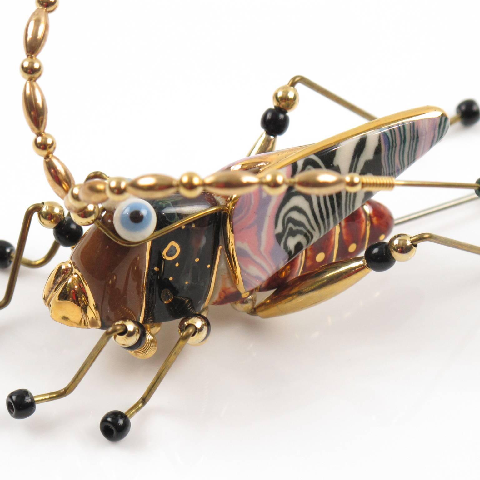 Enameled Porcelain Grasshopper Pin Brooch by Cynthia Chuang for Jewelry 10 In Excellent Condition In Atlanta, GA