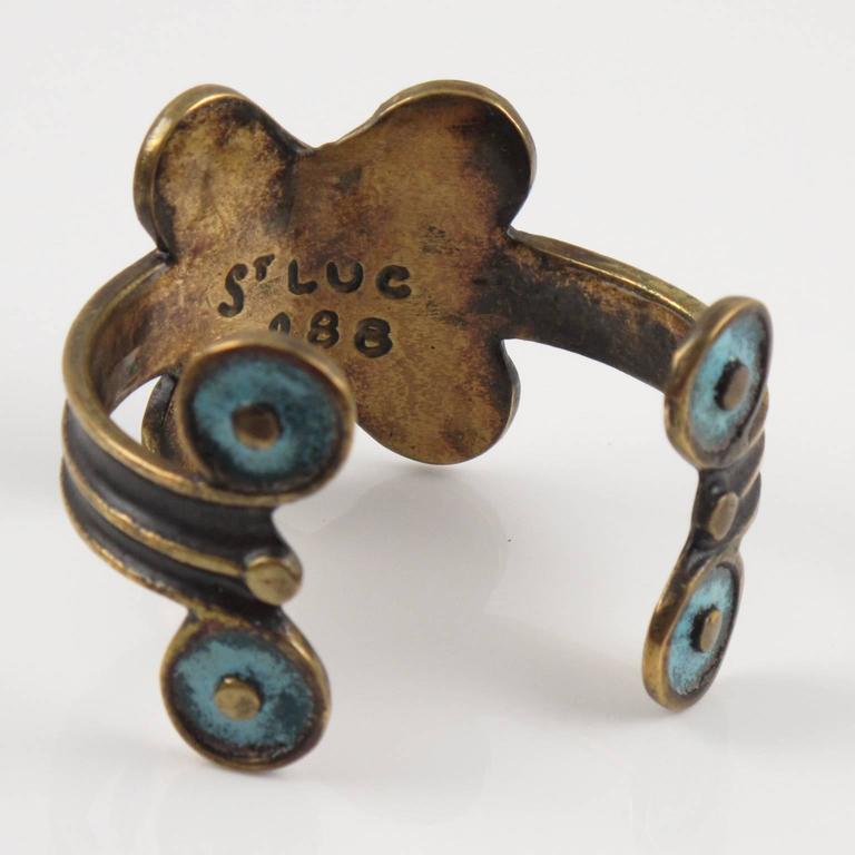 French Mid Century Modernist Bronze Cuff Bracelet Geometric Enamel by