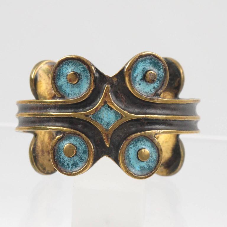 French Mid Century Modernist Bronze Cuff Bracelet Geometric Enamel by