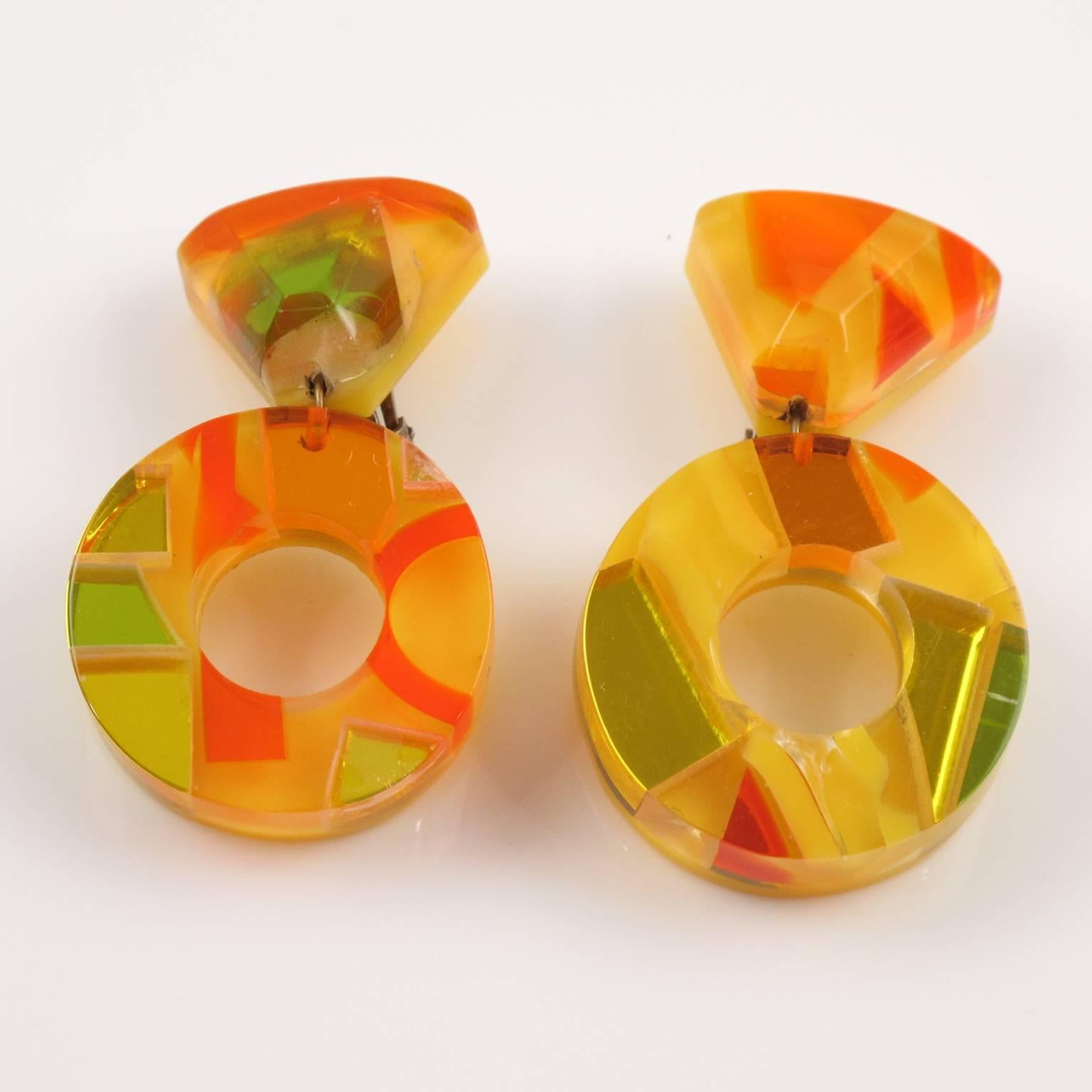 Women's or Men's Dangle Loop Lucite Clip on Earrings by Harriet Bauknight for Kaso Sunny Colors
