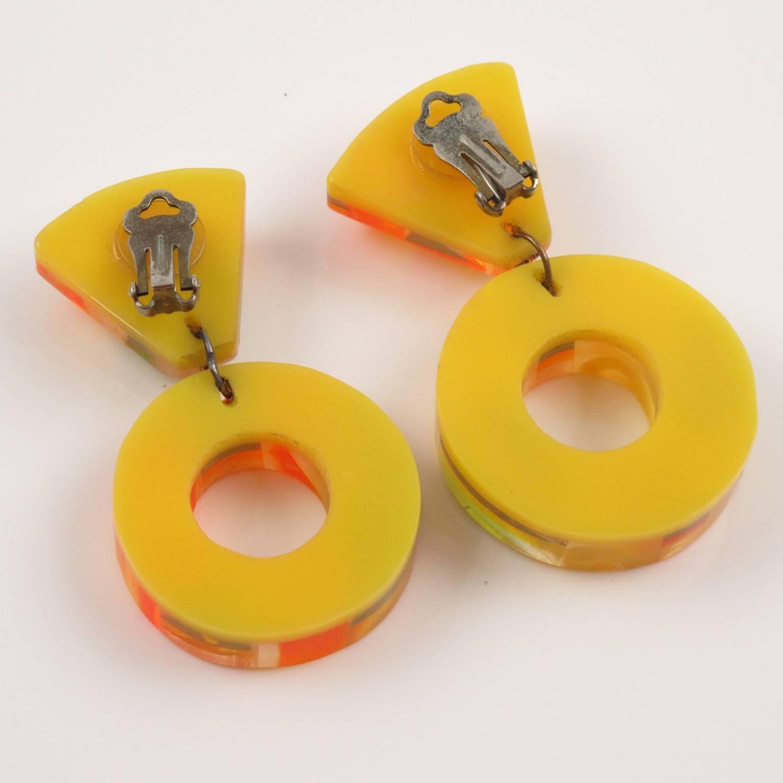 Dangle Loop Lucite Clip on Earrings by Harriet Bauknight for Kaso Sunny Colors 1