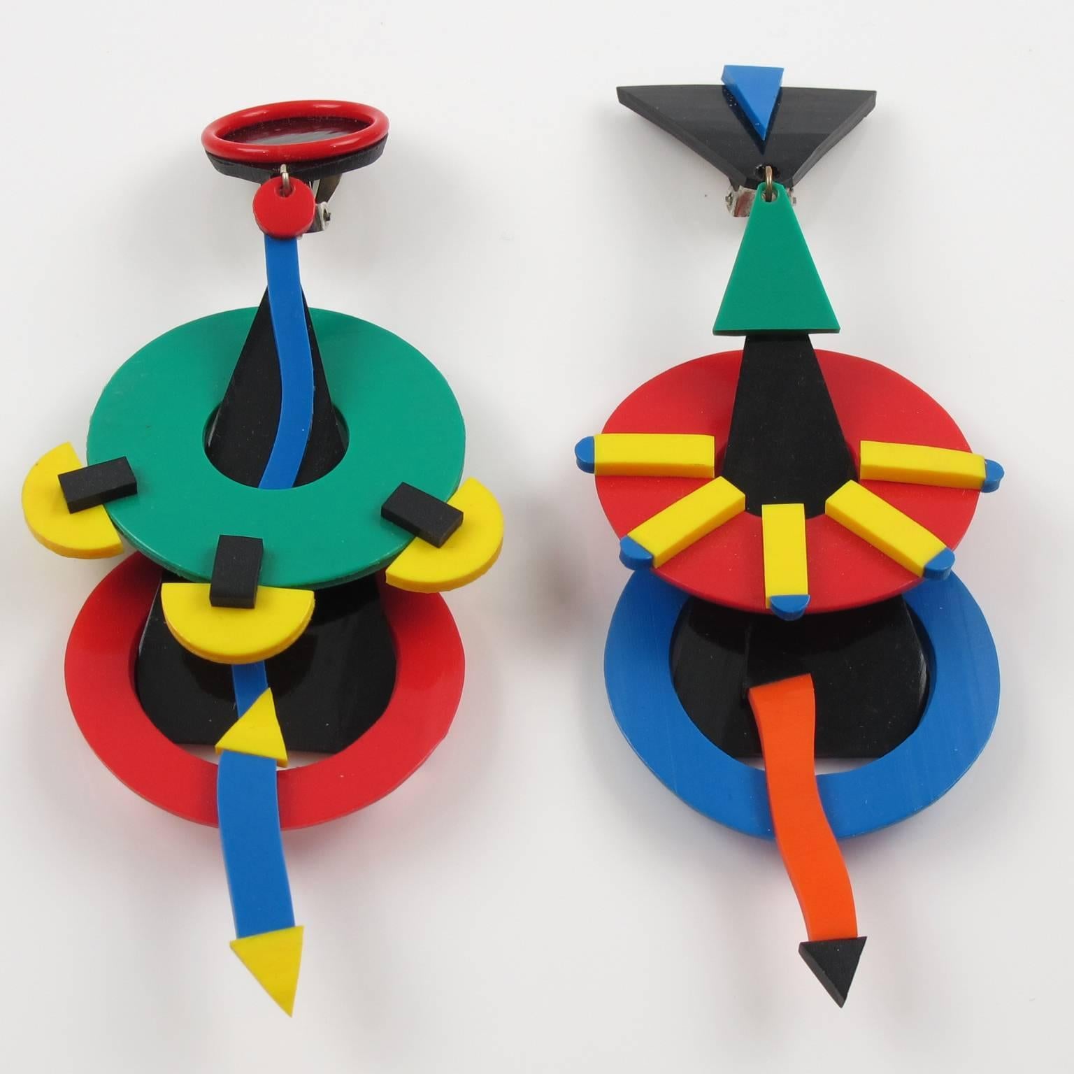 Modernist Italian Designer Memphis Studio Oversized Chandelier Colorful Clip on Earrings