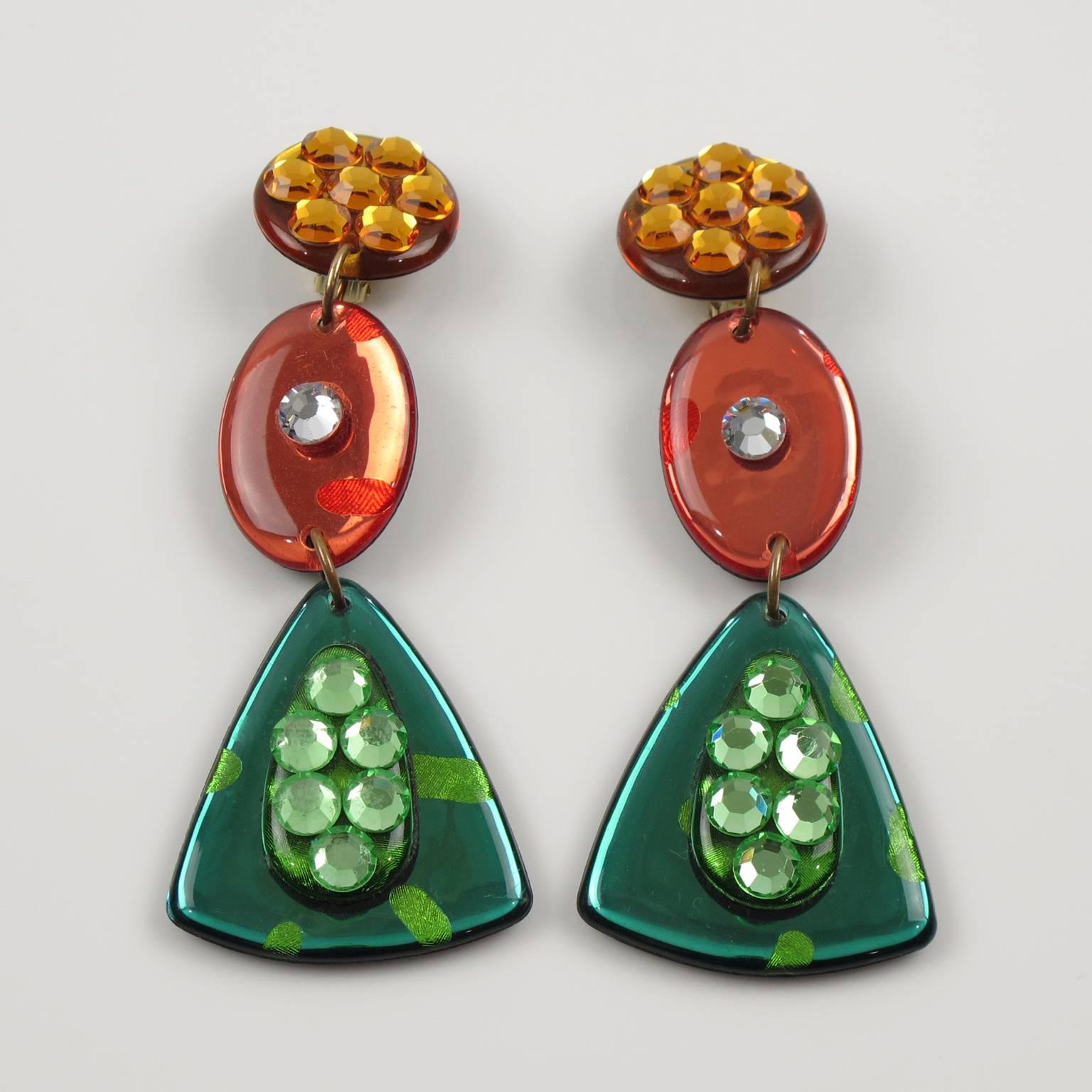Modernist 1960s Italian Pop Art Dangling Geometric Chandelier Lucite Clip-on Earrings 