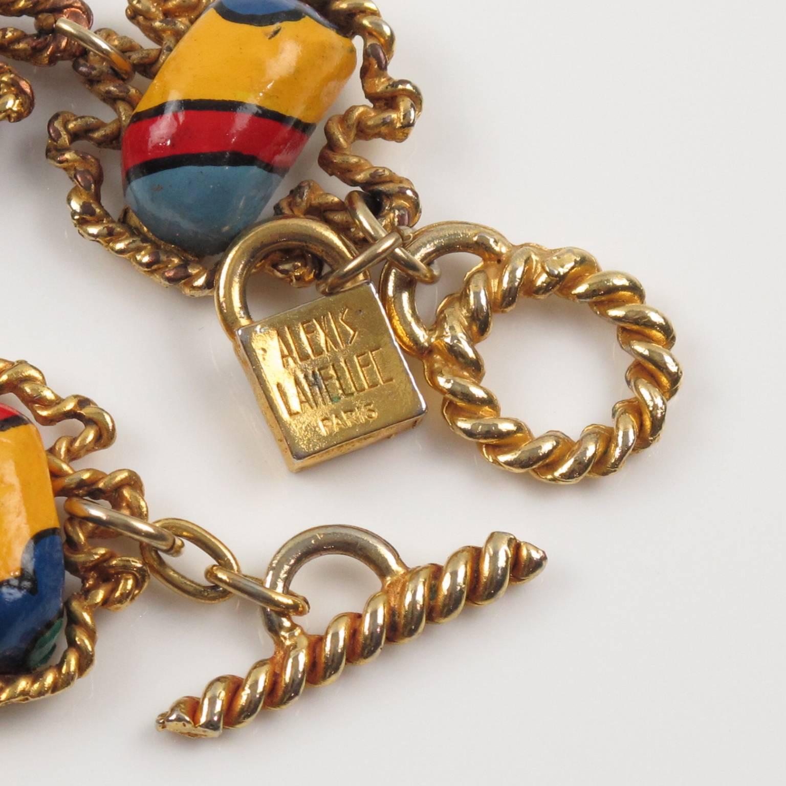 Women's or Men's Rare Vintage Alexis Lahellec Paris Signed Link Bracelet Colorful Resin Cabochon