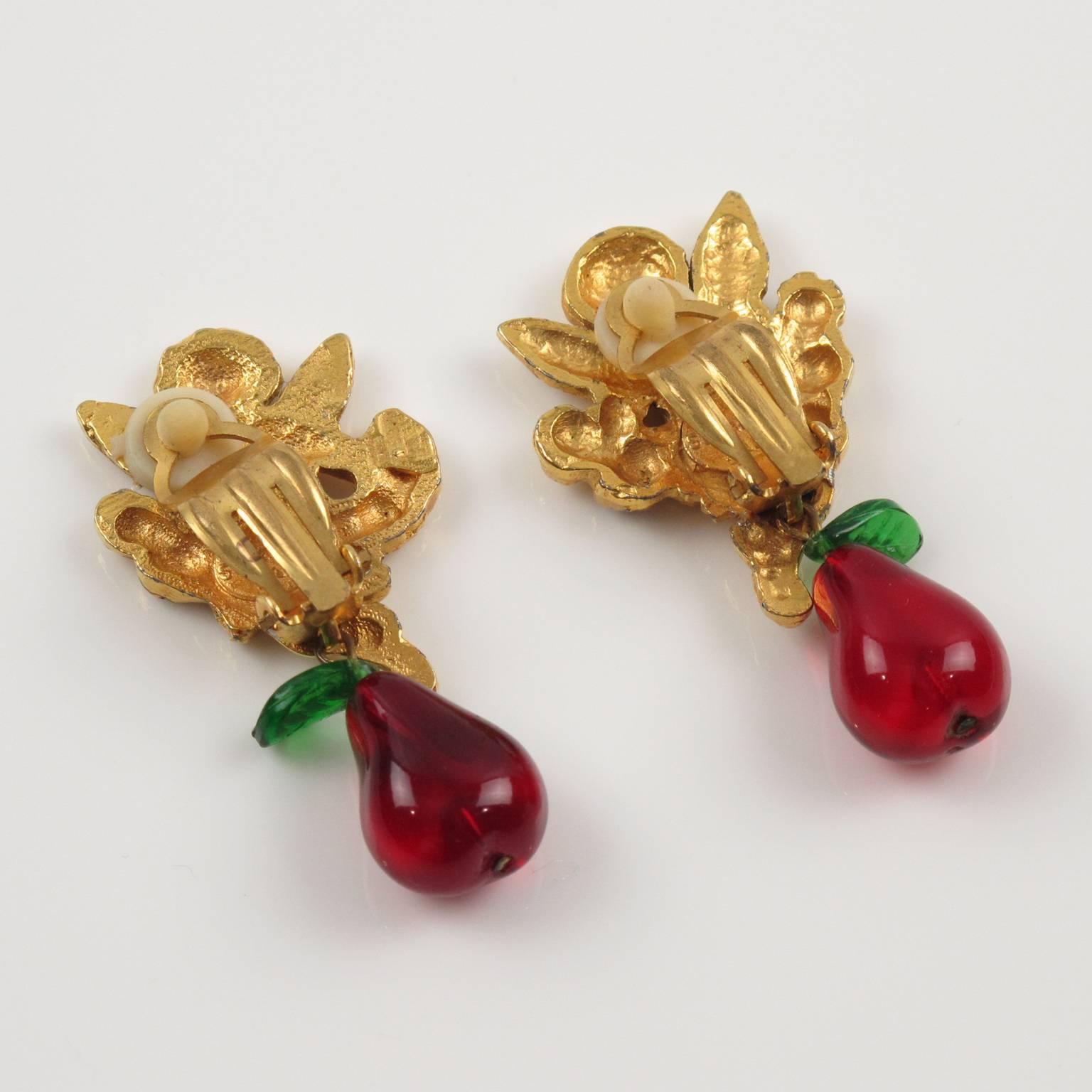 Romantic Sonia Rykiel Paris Signed Clip Earrings Gilt Metal Cherub Blown Glass Charm