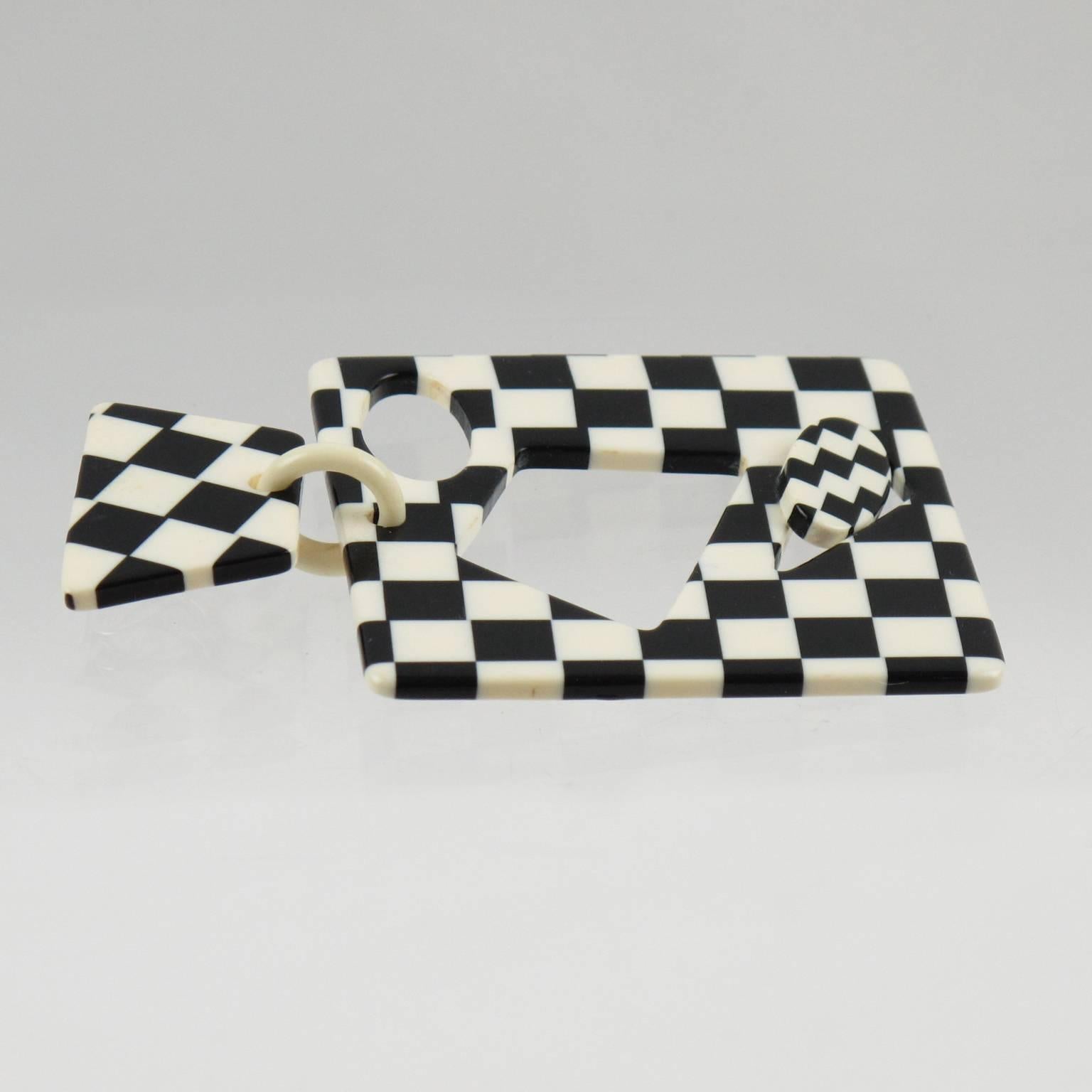 Rare 1960s Pop Art Oversized Dangling Clip Earrings Black & White Checkerboard In Excellent Condition In Atlanta, GA