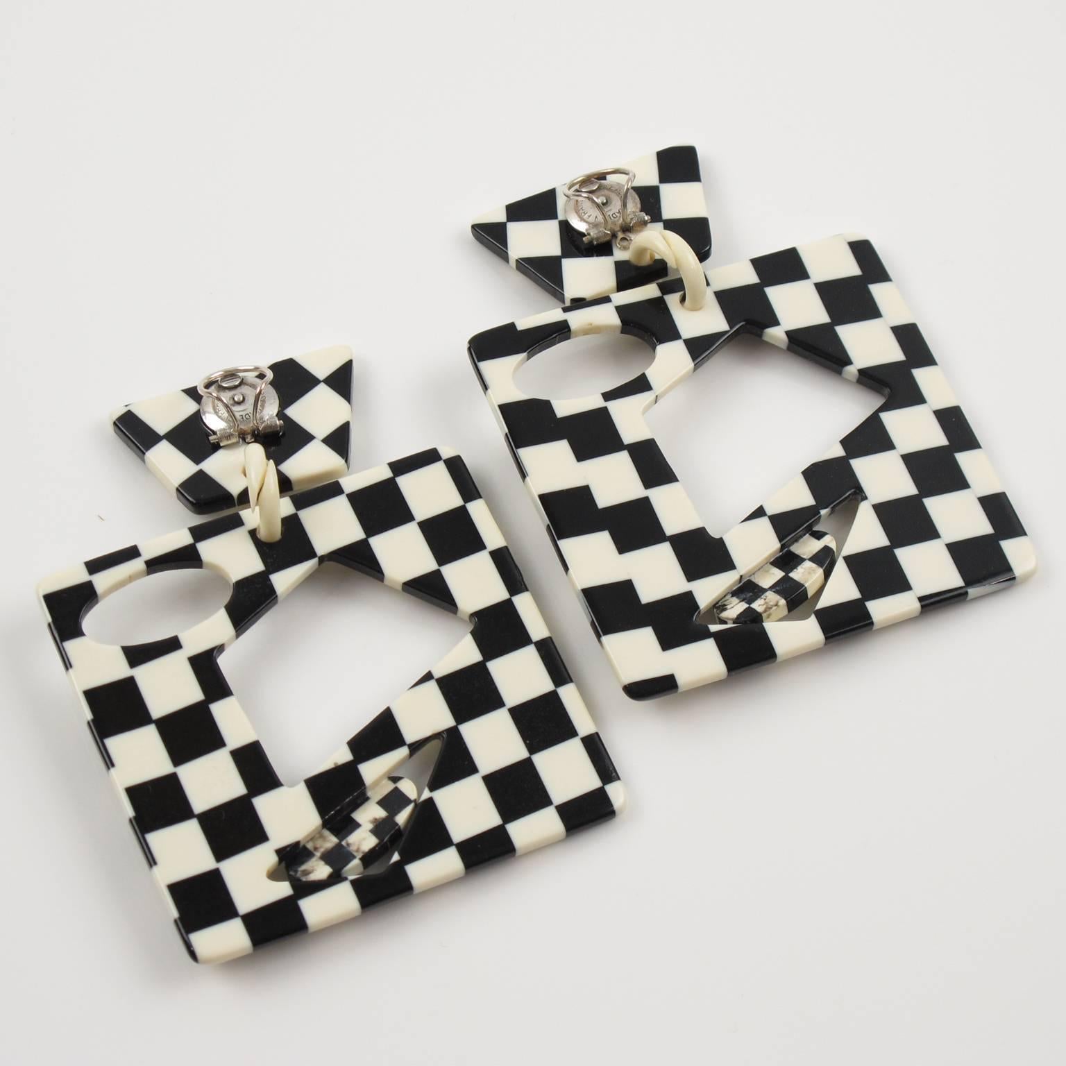 Modernist Rare 1960s Pop Art Oversized Dangling Clip Earrings Black & White Checkerboard