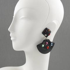 Kalinger Paris Signed Clip Earrings Dangle Black Resin Multicolor Rhinestones