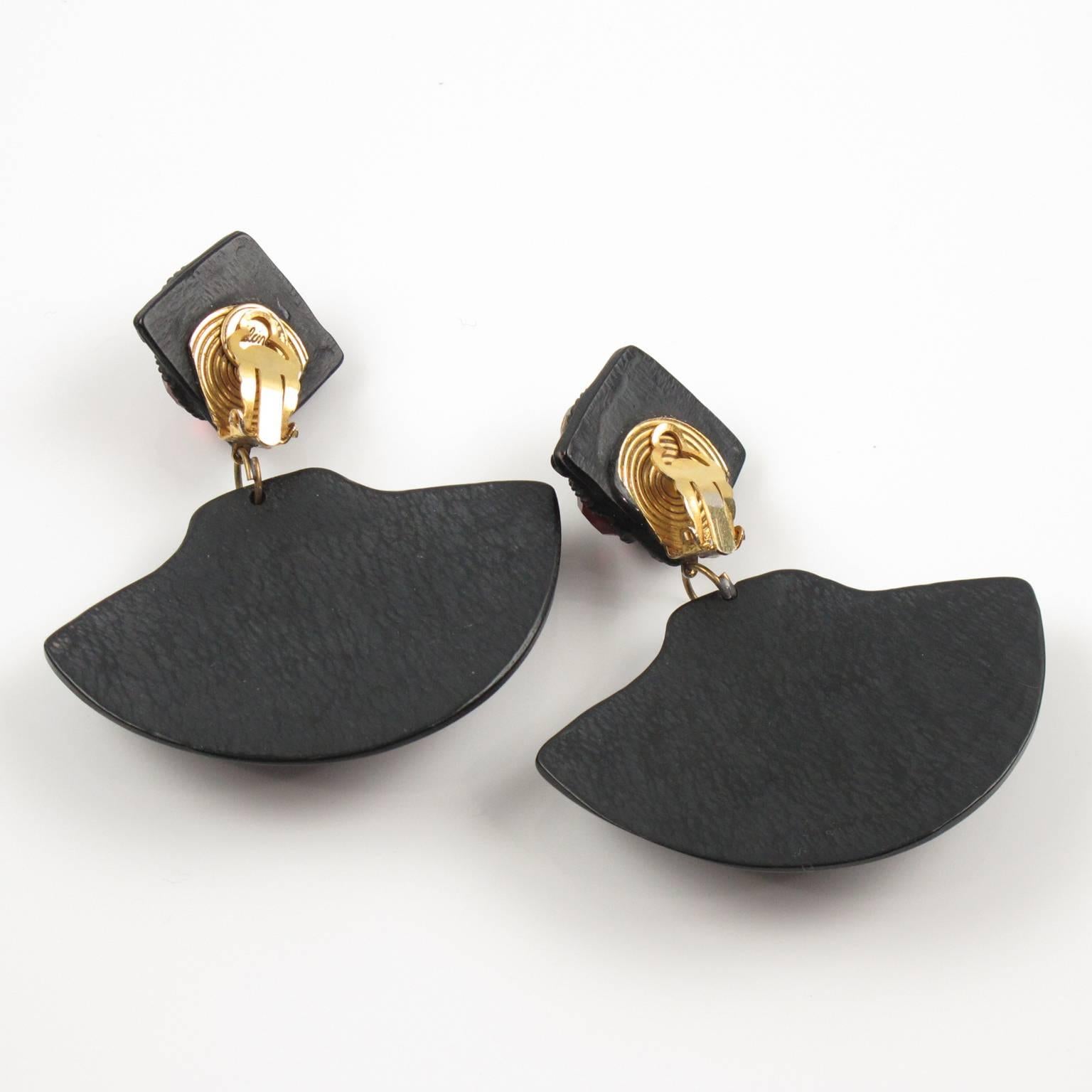 Women's or Men's Kalinger Paris Signed Clip Earrings Dangle Black Resin Multicolor Rhinestones