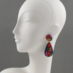 Richard Kerr Signed Dangle Clip on Earrings Multicolor Rhinestones Paved