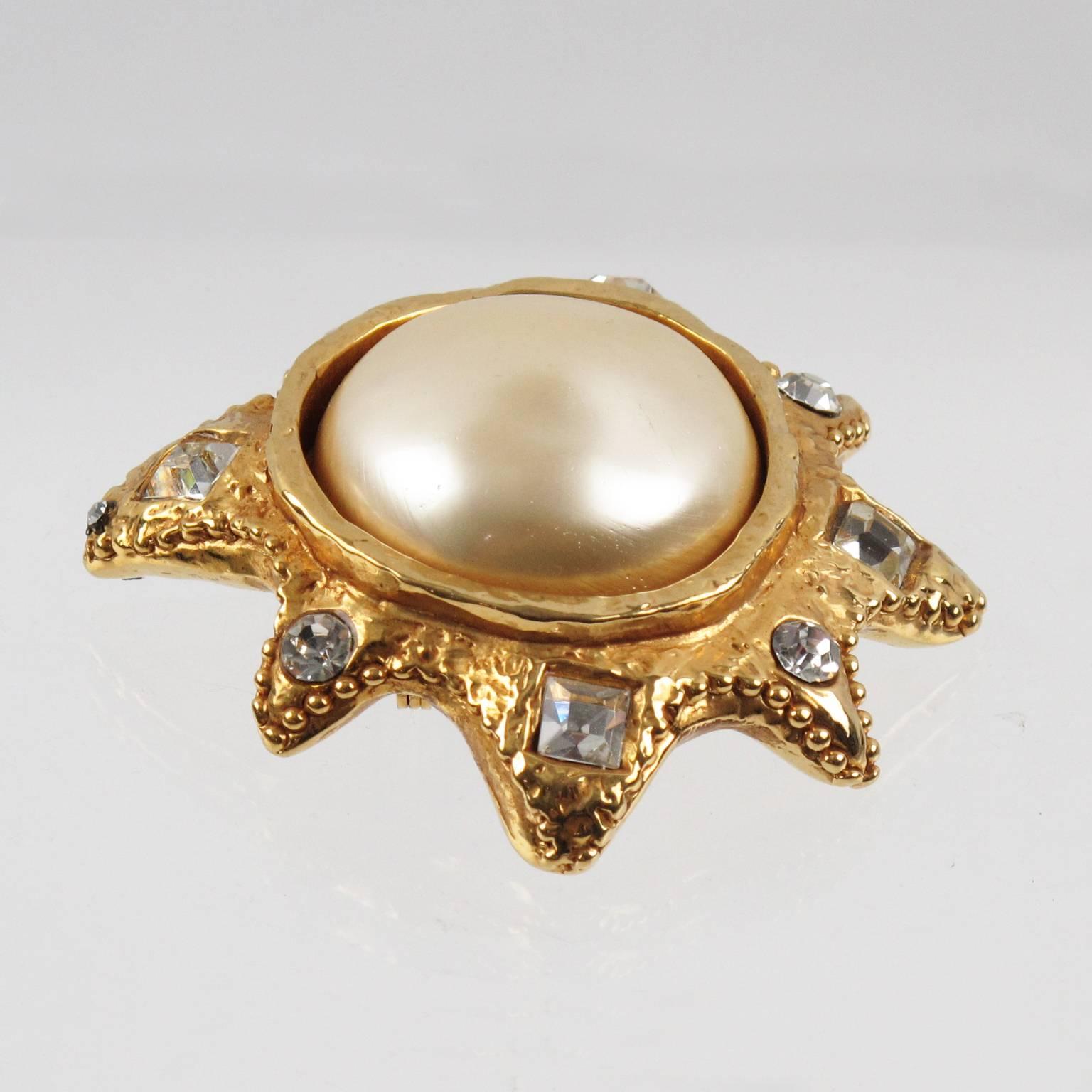 Vintage 1980s Alexis Lahellec Paris Signed Pin Brooch Gilt Sun with Large Pearl 1