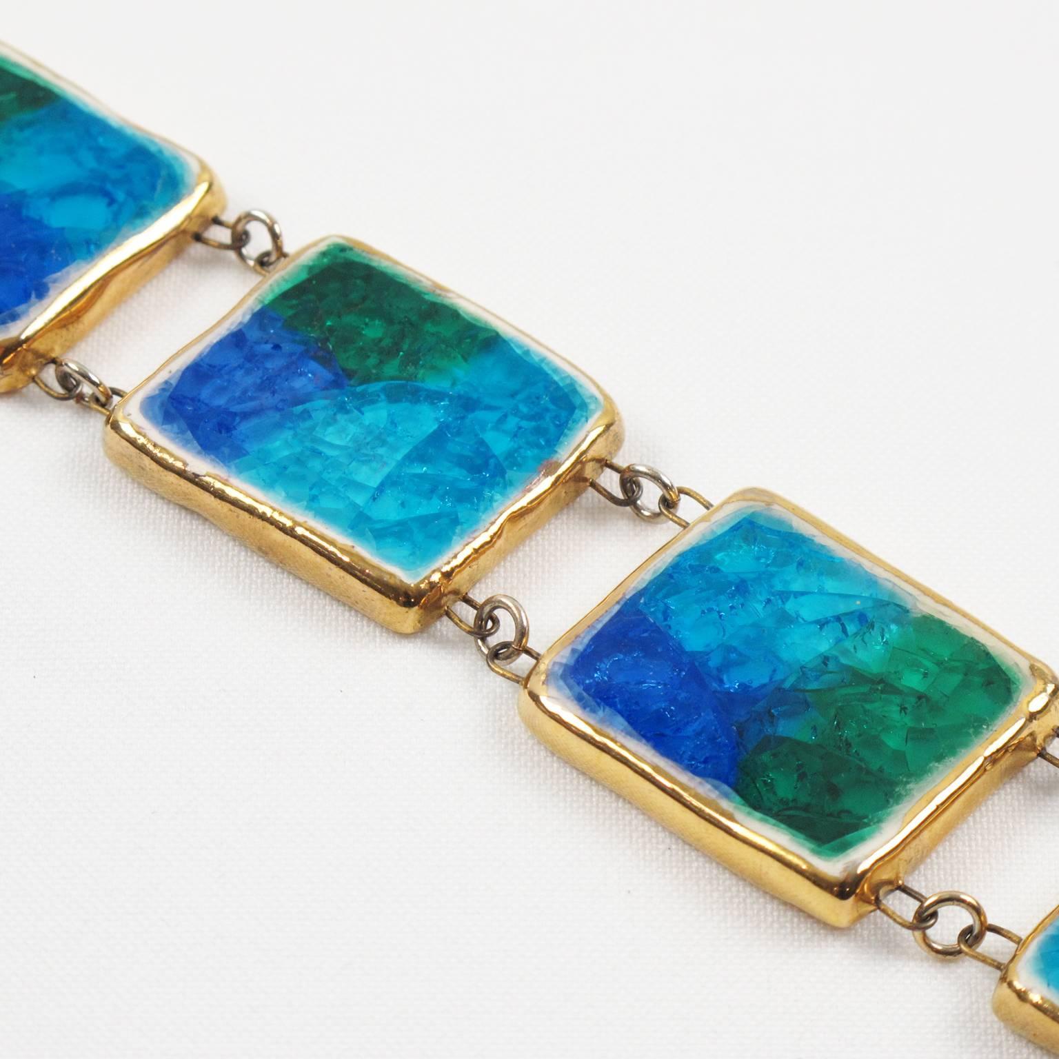 Rare Mid Century Modern Ceramic Link Bracelet Turquoise Blue Fused Glass In Excellent Condition In Atlanta, GA