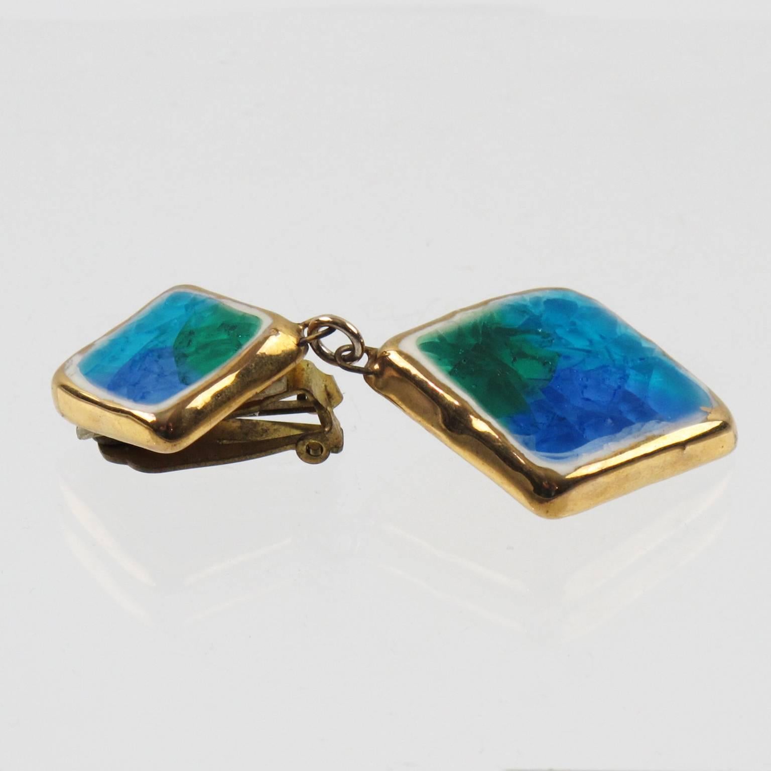 Women's or Men's Rare Mid Century Modern Ceramic Clip on Earrings Turquoise Blue Fused Glass