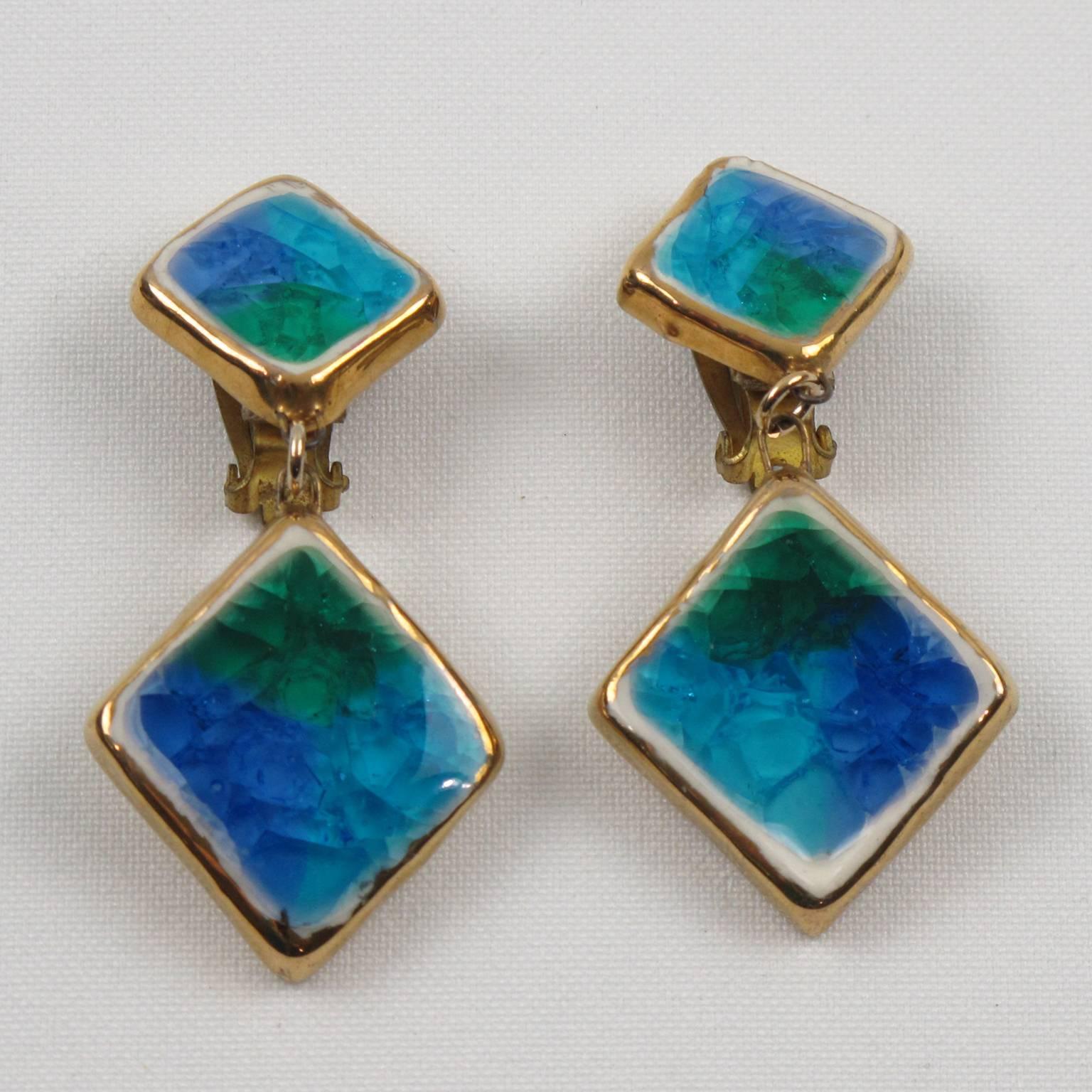 Modernist Rare Mid Century Modern Ceramic Clip on Earrings Turquoise Blue Fused Glass