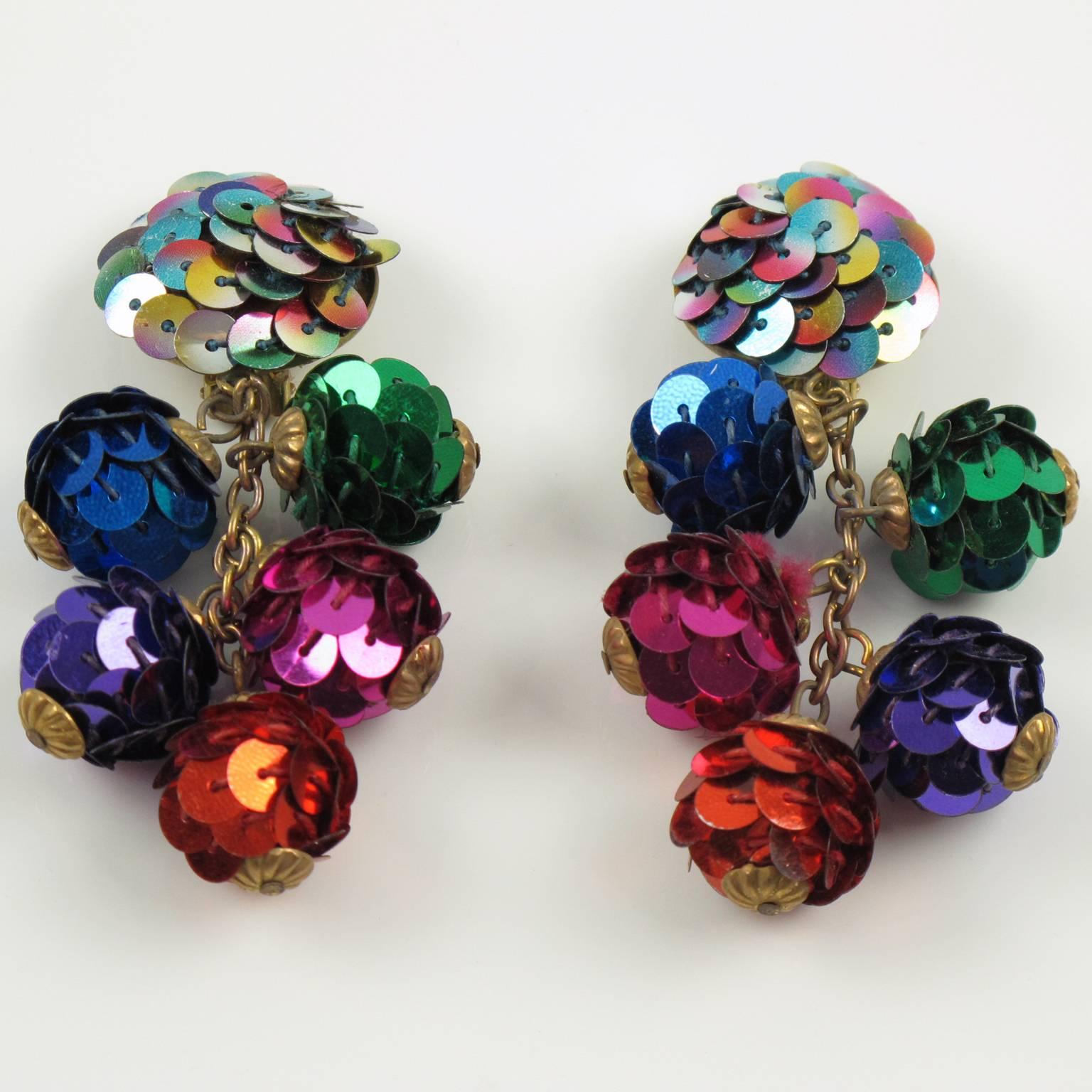 Modern Vintage Colorful Sequin Disco Balls Dangling Chandelier Clip on Earrings