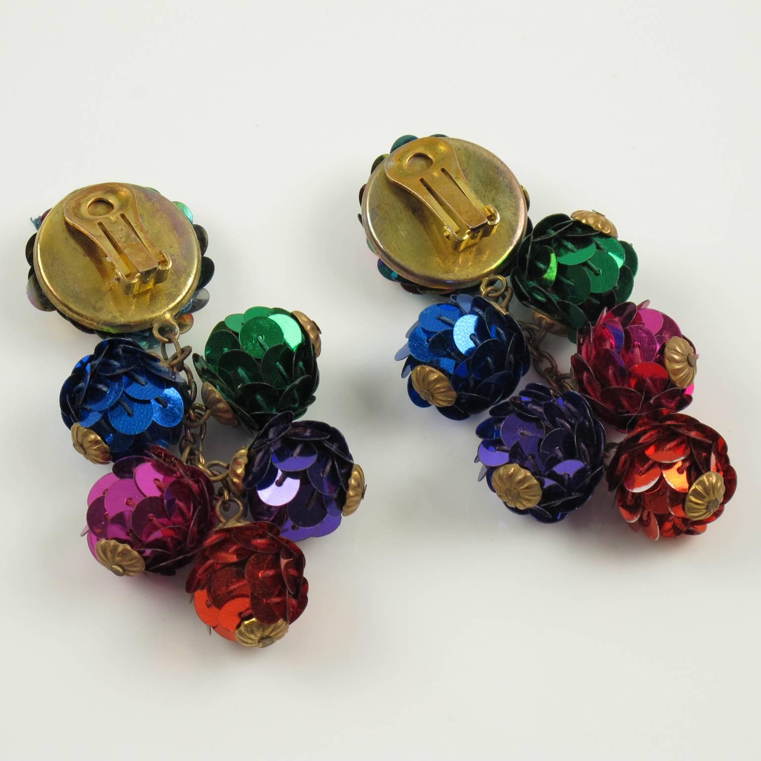 Women's or Men's Vintage Colorful Sequin Disco Balls Dangling Chandelier Clip on Earrings