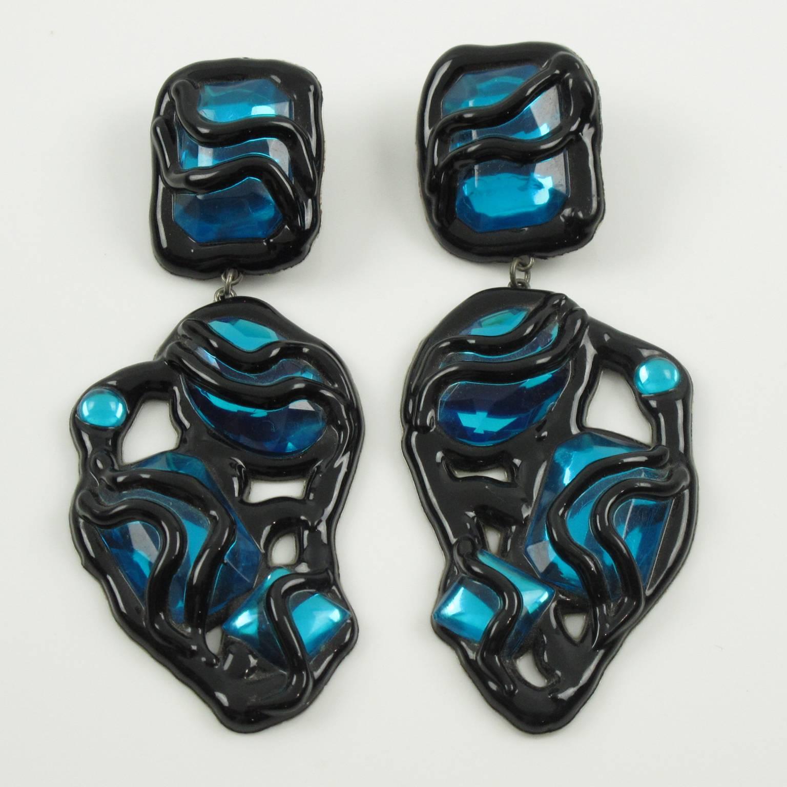 Modernist Oversized Brutalist Black Lucite Pierced Earrings with Electric Blue Rhinestone