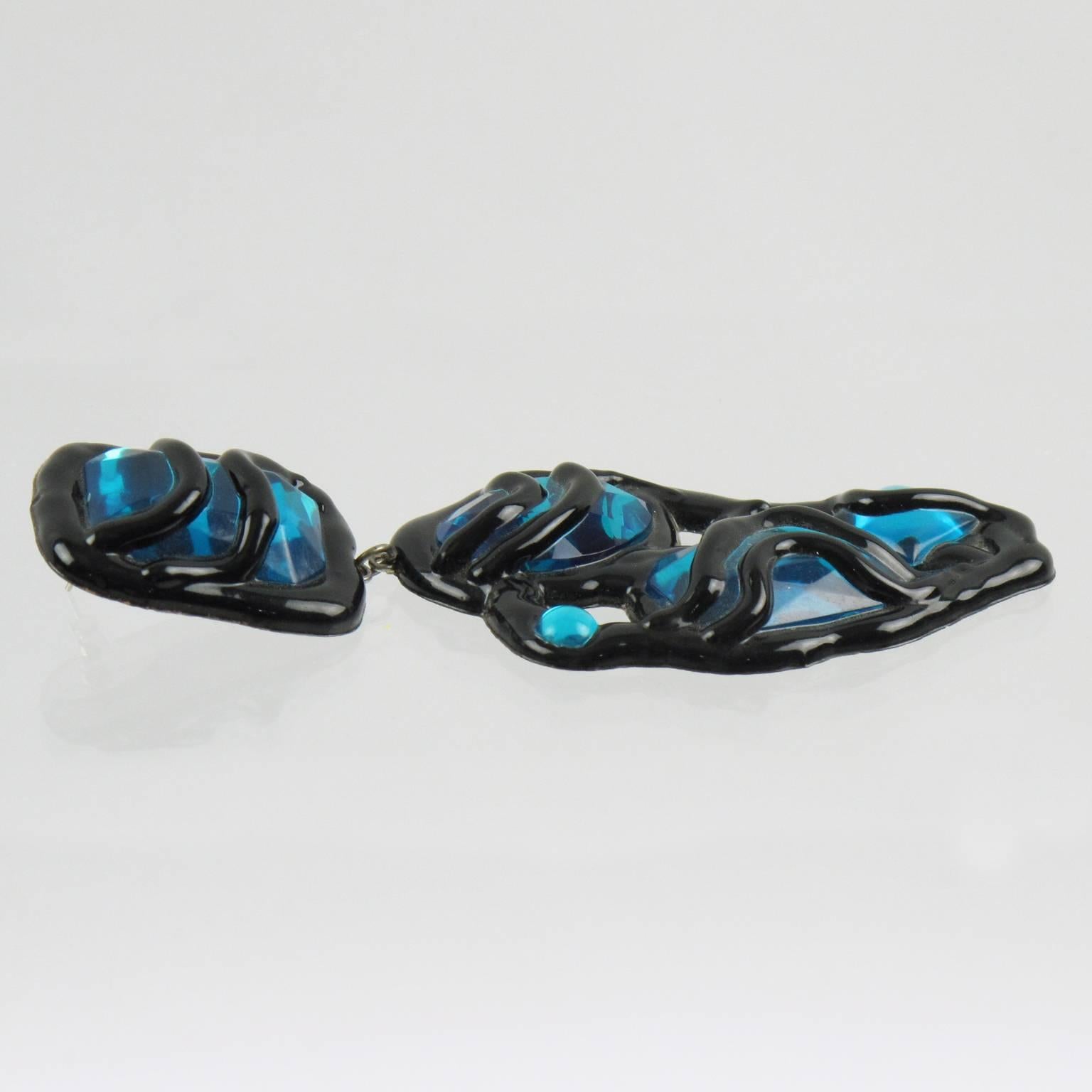 Women's or Men's Oversized Brutalist Black Lucite Pierced Earrings with Electric Blue Rhinestone