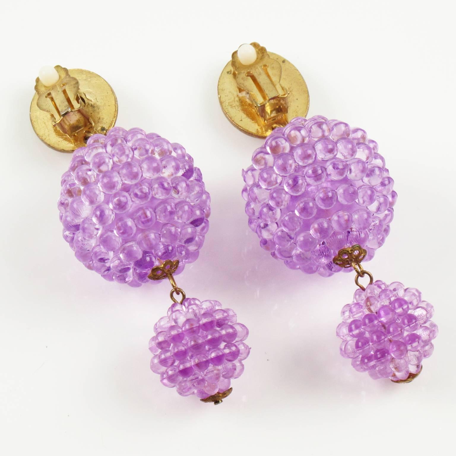 Women's or Men's Lovely Vintage 1960s Dangling Lucite Clip-on Earrings Purple Beads
