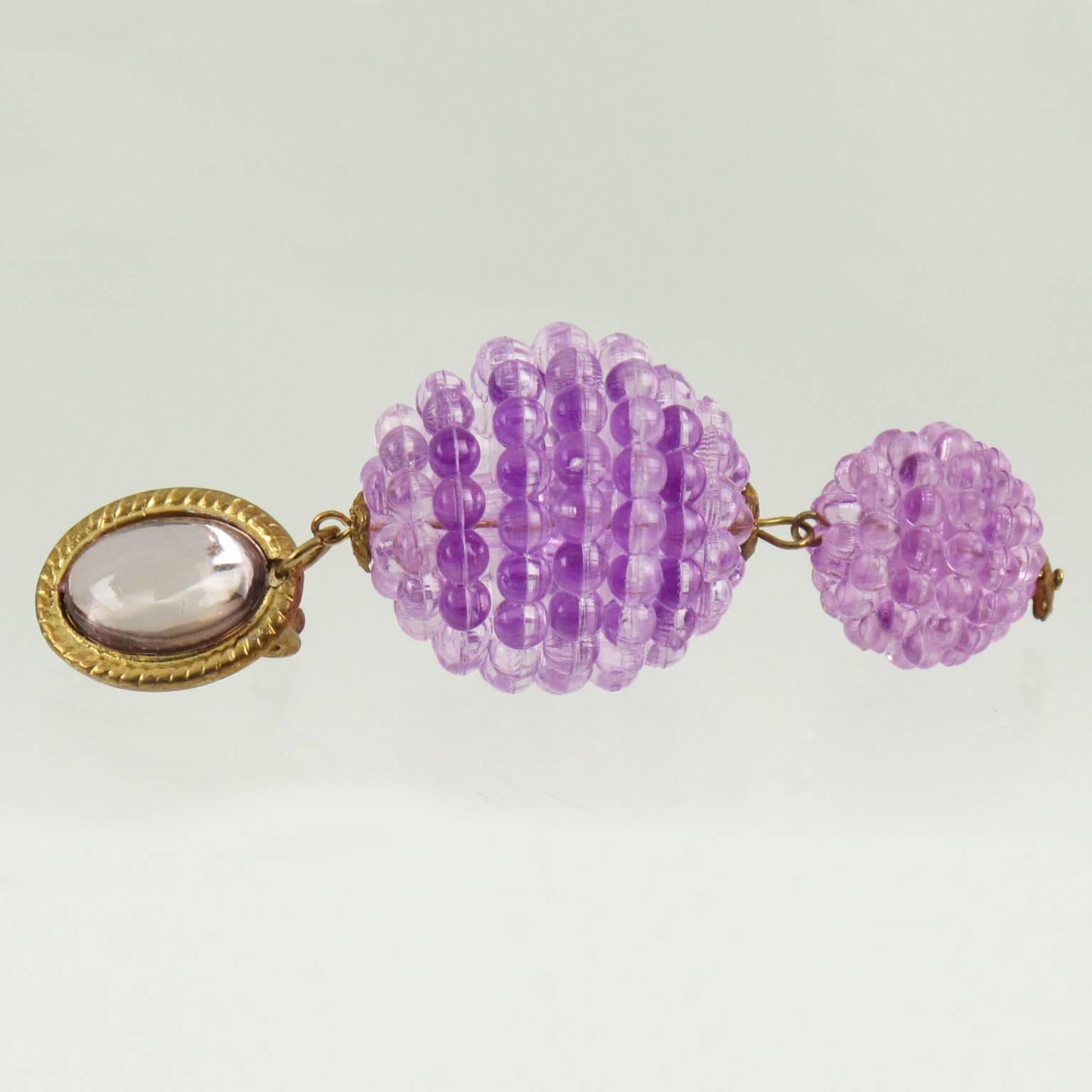 Lovely Vintage 1960s Dangling Lucite Clip-on Earrings Purple Beads 1