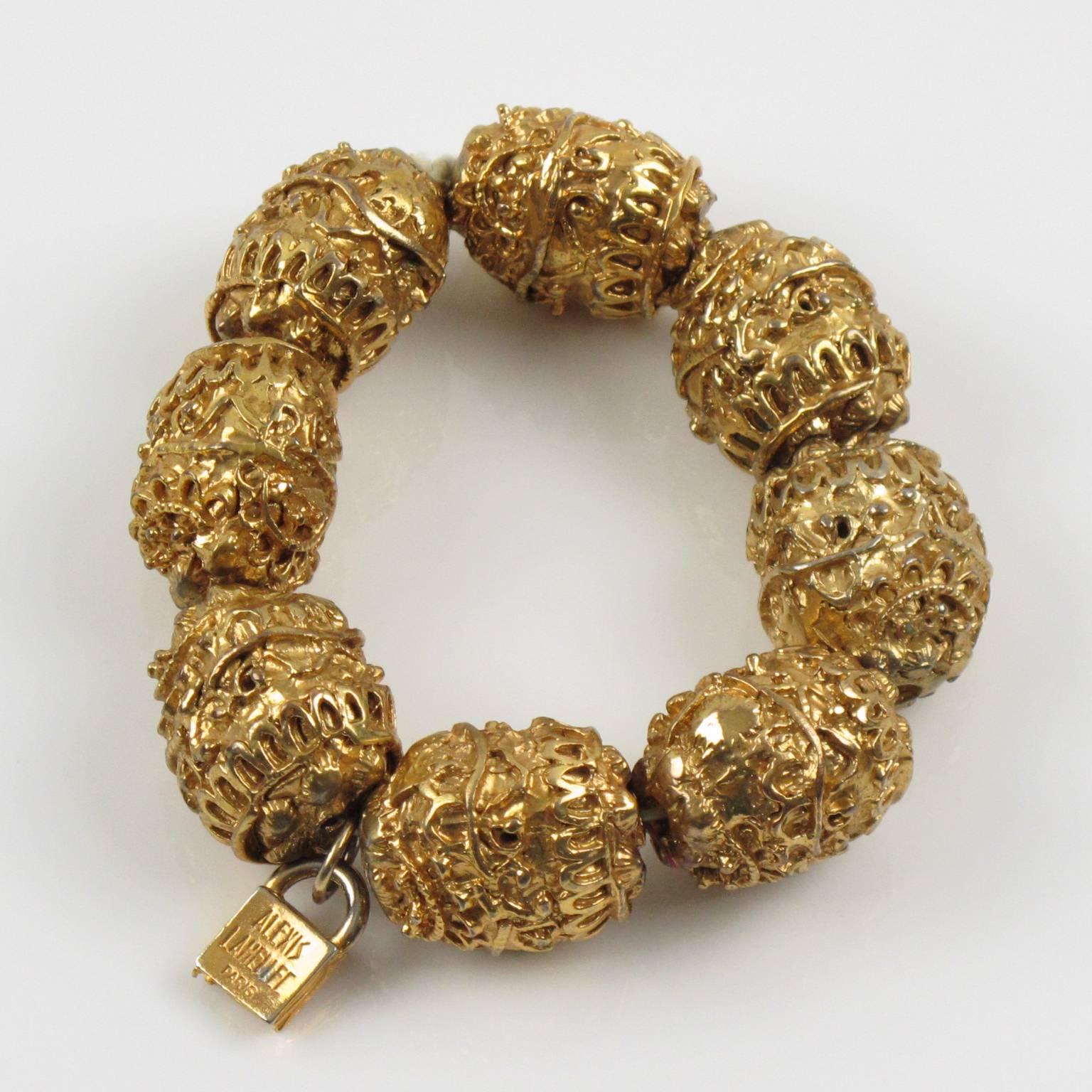 Rare Alexis Lahellec Paris Signed Stretch Bracelet Gilt Carved Beads In Good Condition In Atlanta, GA