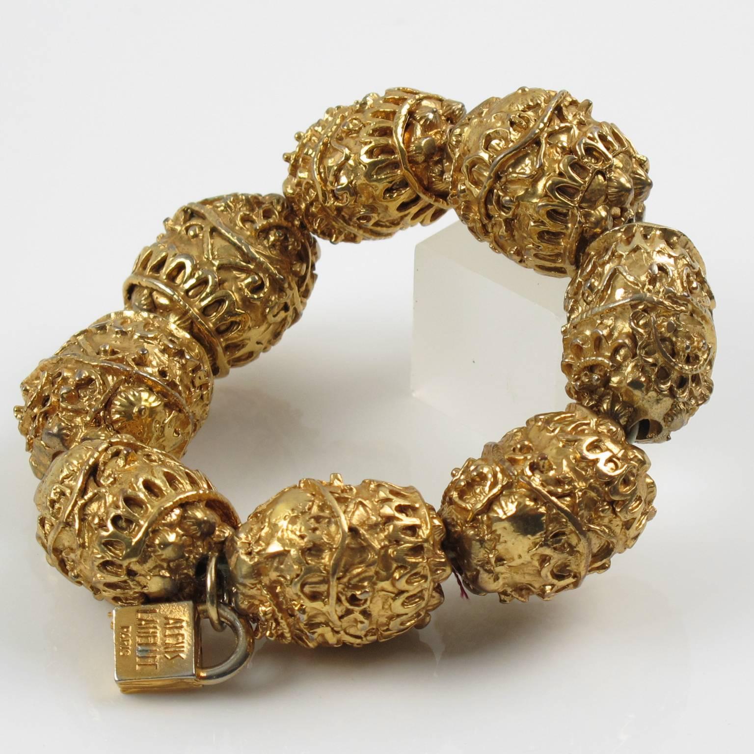 Baroque Revival Rare Alexis Lahellec Paris Signed Stretch Bracelet Gilt Carved Beads