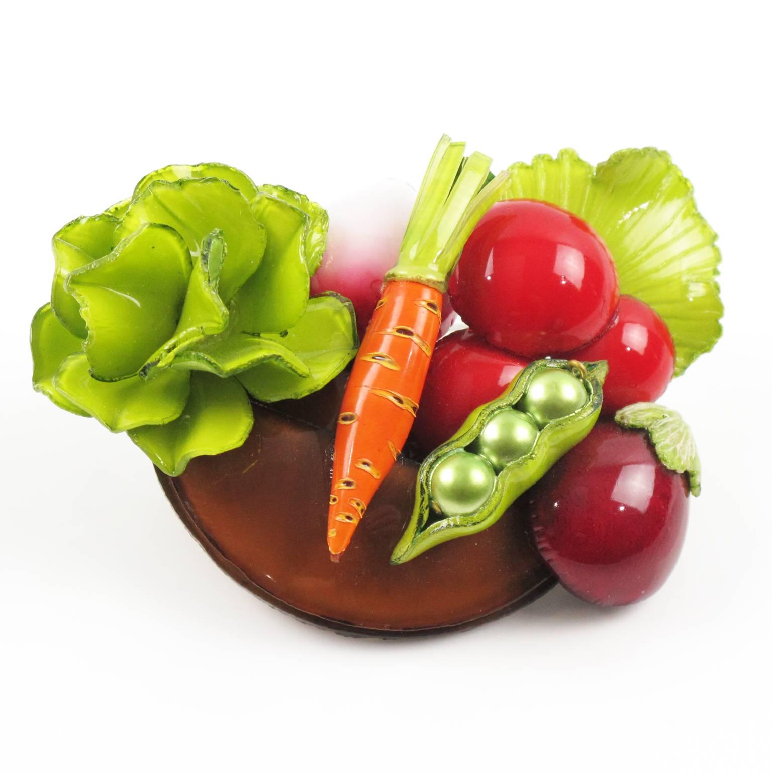 Artist Francoise Montague Paris Pin Brooch Resin Talosel Vegan Vegetables Basket