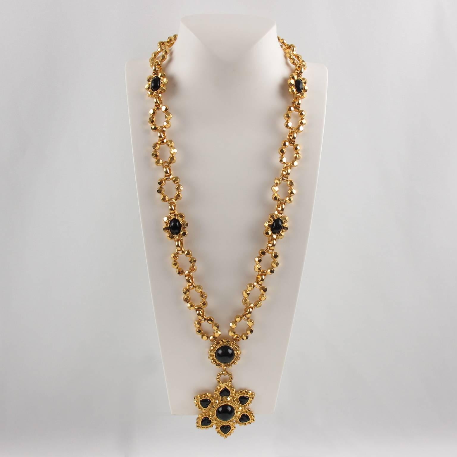Edouard Rambaud Paris Signed Byzantine Extra Long Necklace Black Cabochon In Excellent Condition In Atlanta, GA