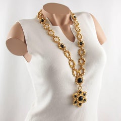 Edouard Rambaud Paris Signed Byzantine Extra Long Necklace Black Cabochon