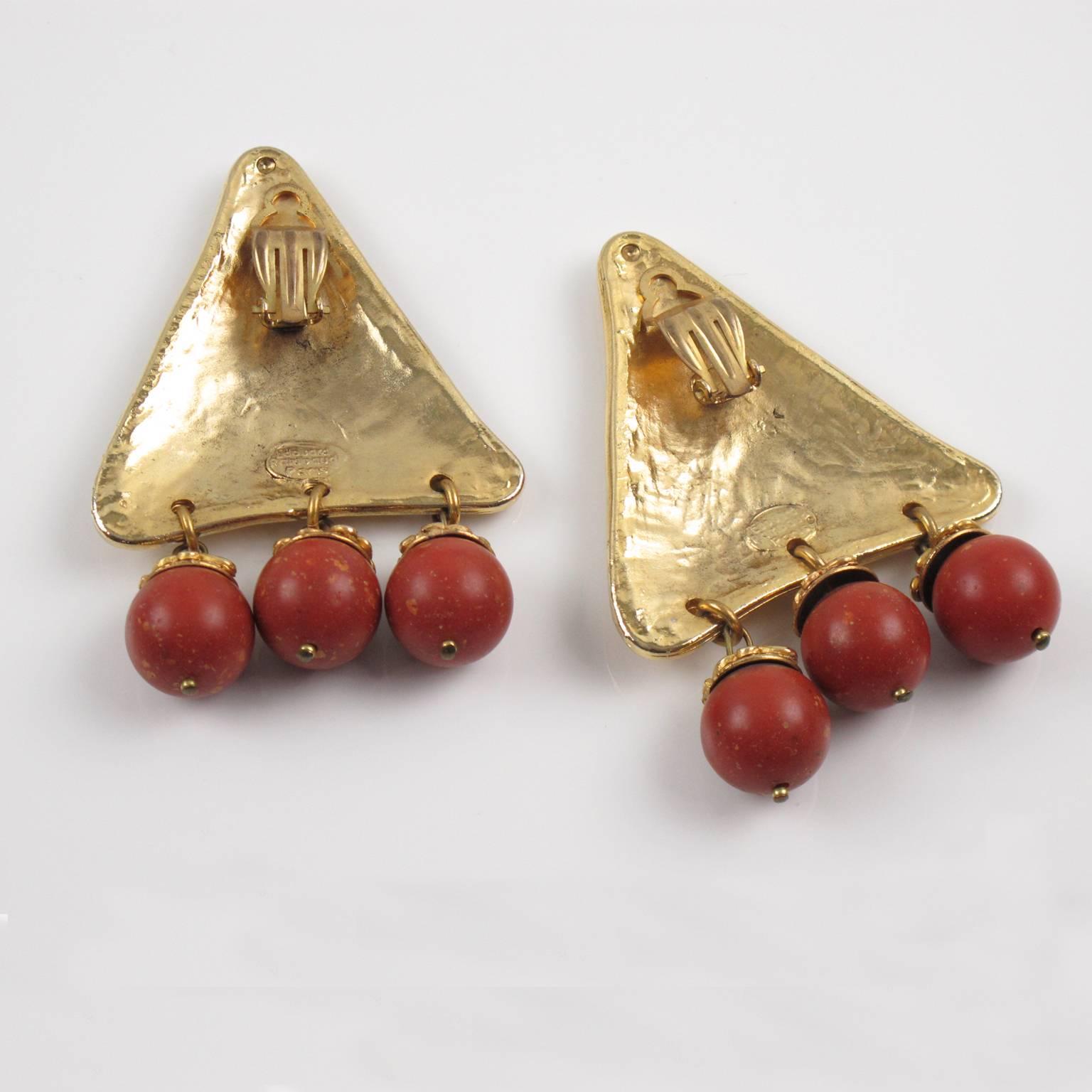 Women's or Men's Edouard Rambaud Paris Signed Byzantine Resin Bead Dangle Clip on Earrings