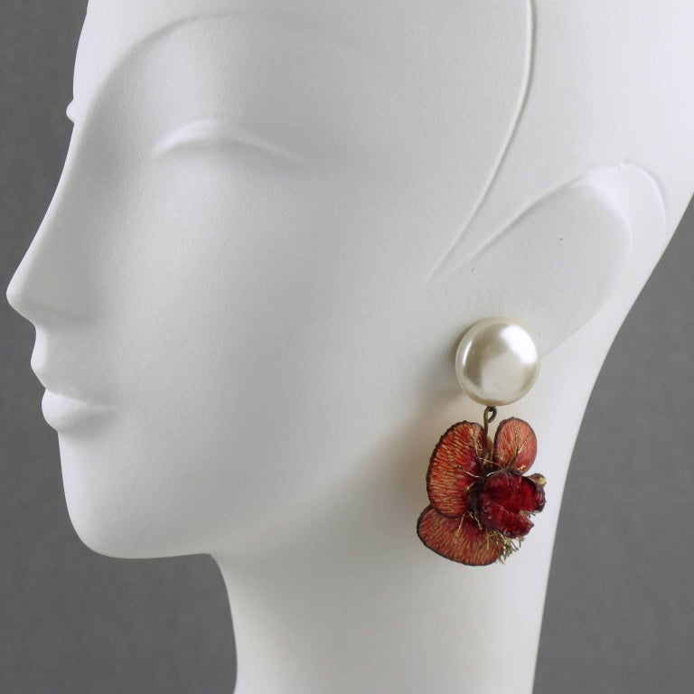 Vintage Floral Dangling Resin Clipon Earrings by Cilea Paris For Sale