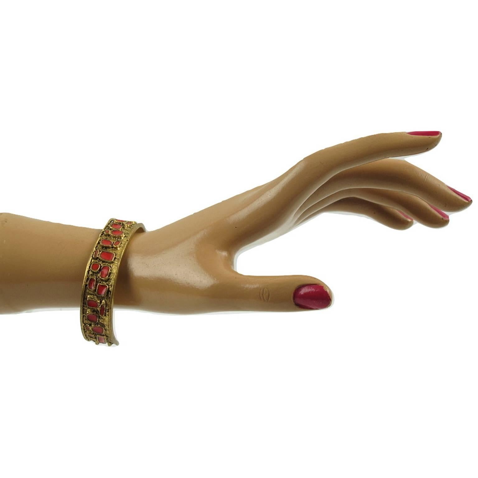 French Mid Century Modernist Bronze Cuff Bracelet Geometric Red Enamel 1