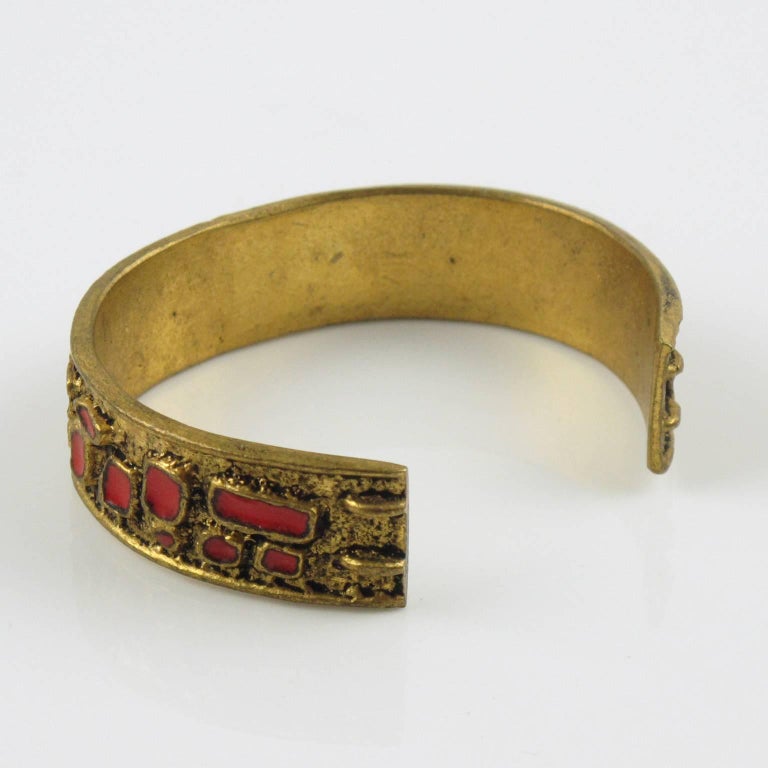 French Mid Century Modernist Bronze Cuff Bracelet Geometric Red Enamel ...