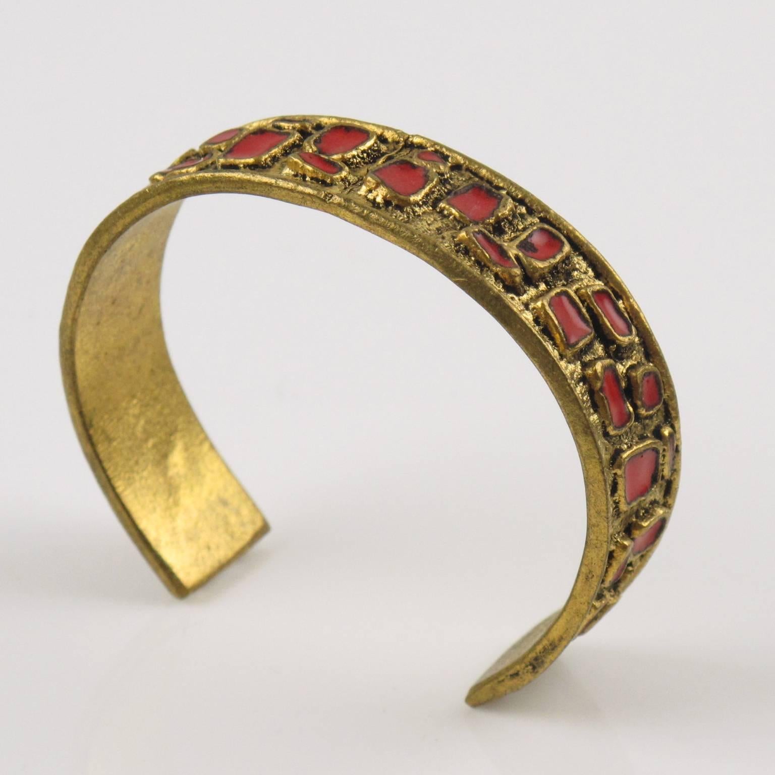 Women's or Men's French Mid Century Modernist Bronze Cuff Bracelet Geometric Red Enamel
