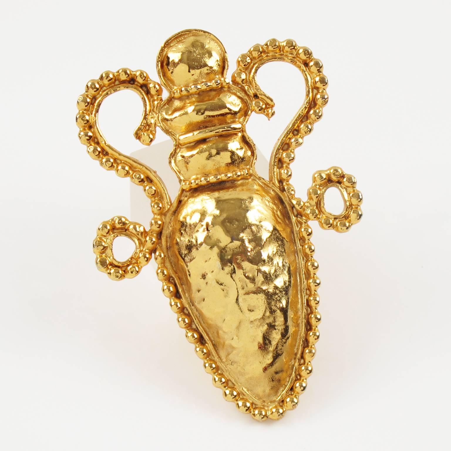Modernist Edouard Rambaud Paris Signed Gilt Metal Pin Brooch Stylized Amphora Design