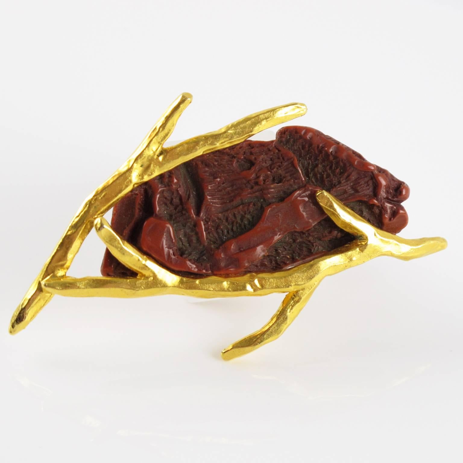 Broche Moderniste Dorée Signée Atlante Création Paris - Métal Et Strass