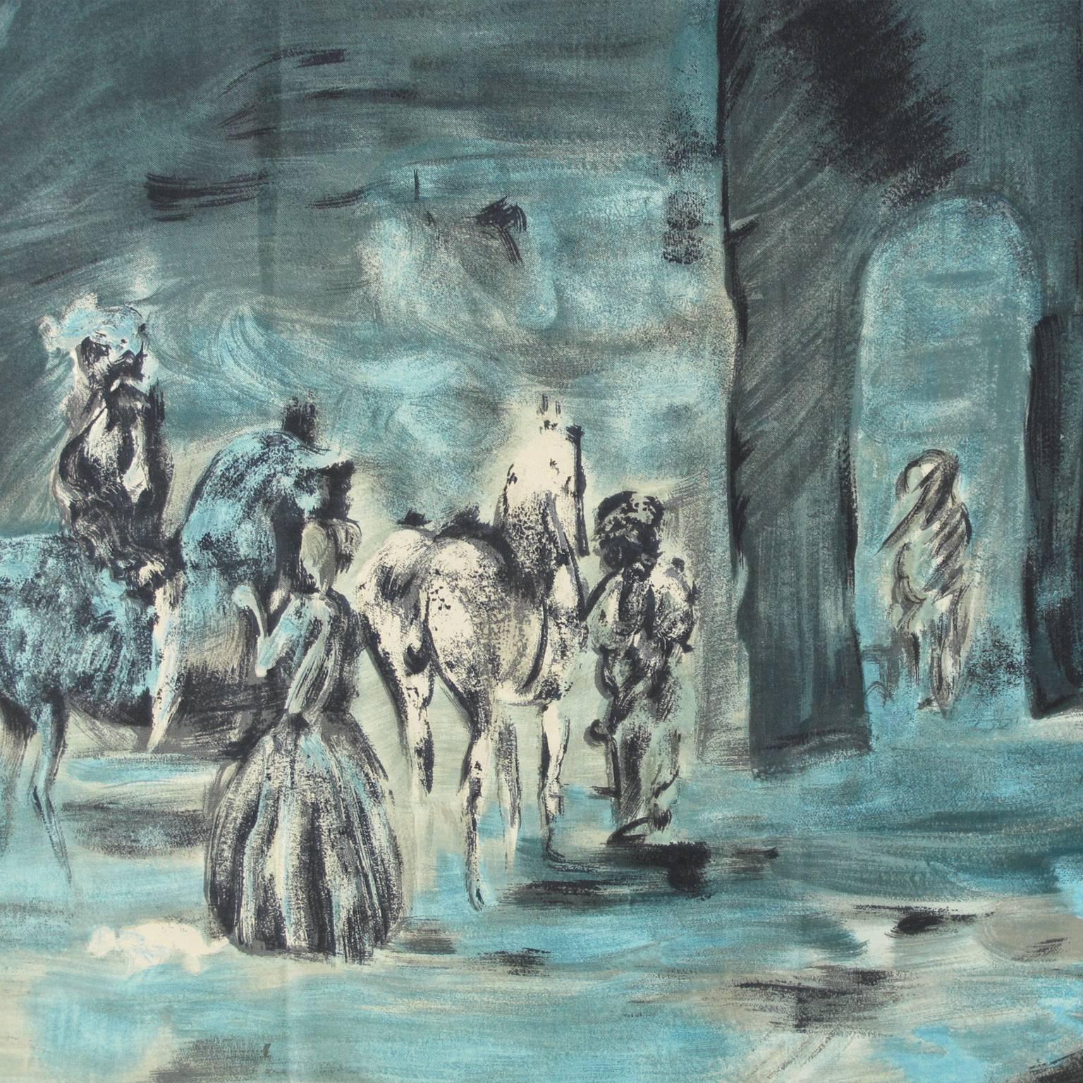 1950er Jeanne Lanvin Seidenschal entworfen von Castillo Spanische mittelalterliche Szene 1
